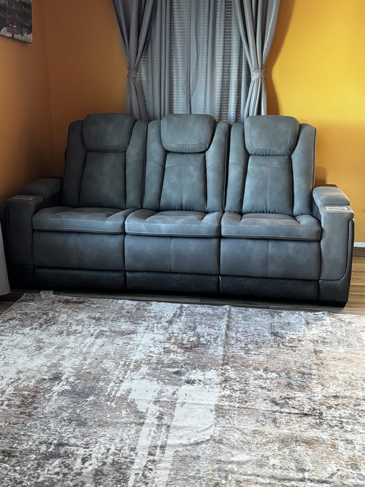Signature Design by Ashley Faux Leather Power Reclining Sofa, Slate | 15-minute assembly, Zero gravity reclining couch, Drop-down table, Wireless charging, Power headrest, Next-Gen series customer photo 2