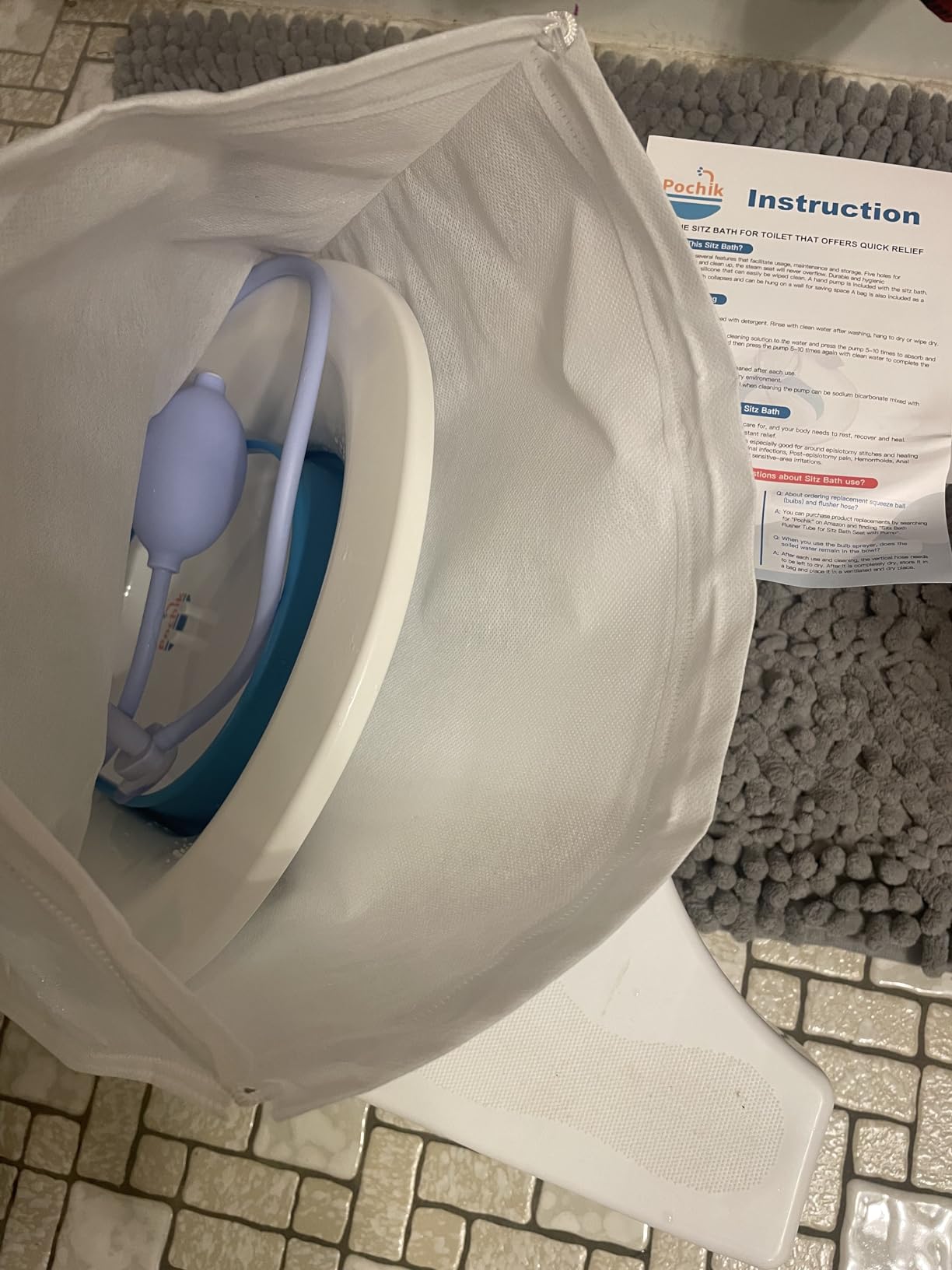 Pochik Sitz Bath for Toilet Seat Hemorrhoids and Postpartum Care, Yoni Steam Seat, Perineal Soaking, Collapsible, Flusher Hose, Drain Holes, Wider Seating Area - Blue customer photo 1