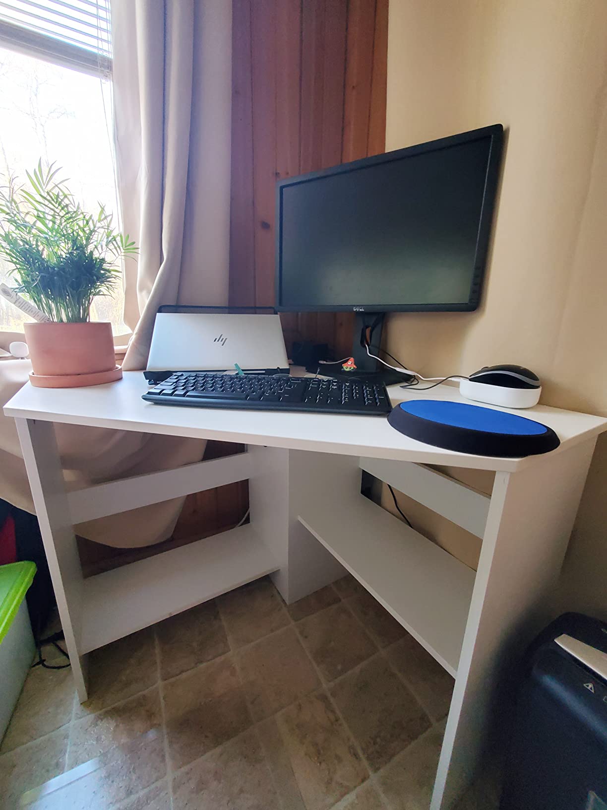 Tangkula White Corner Desk - 90 Degrees Triangle for Computer, Small Space, Bedroom, Makeup Vanity Desk with Storage Shelves & CPU Stand, Space Saving Writing Desk customer photo 1