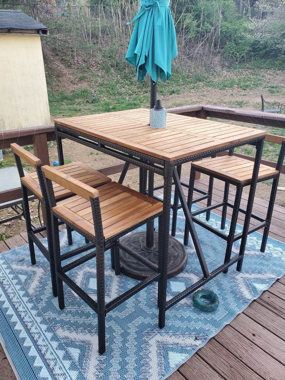 HAPPYGRILL 7 Piece Patio Bar Table Set with Umbrella Hole, Acacia Wood High-Dining Bistro Set with 6 Bar Stools, PE Wicker Outdoor Bar Set customer photo 2
