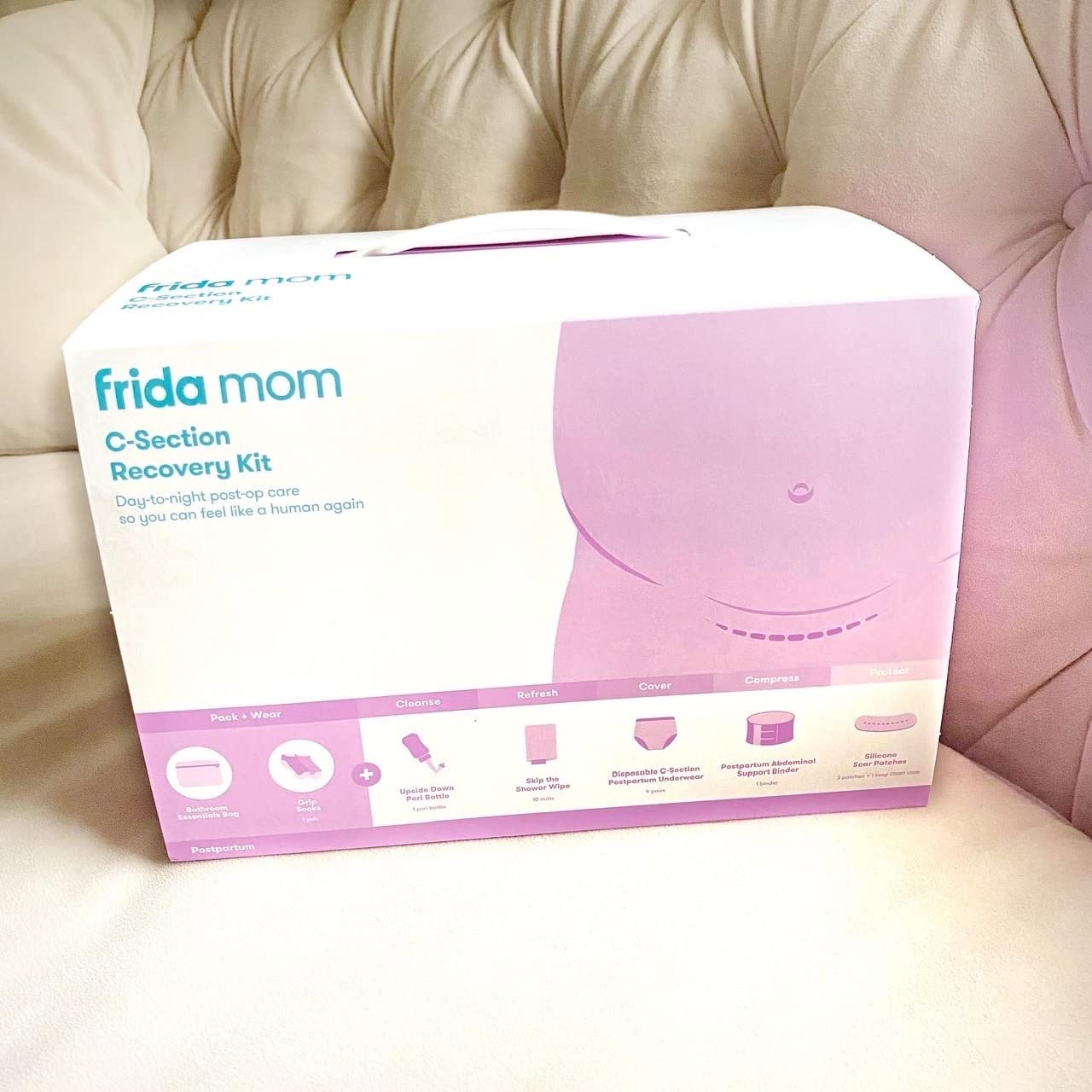 Frida Mom C-Section Recovery Must Have Kit for Labor, Delivery, & Postpartum, Socks, Peri Bottle, Disposable Underwear, Abdominal Support Binder, Shower Wipes, Silicone Scar Patches, & Toiletry Bag customer photo 1