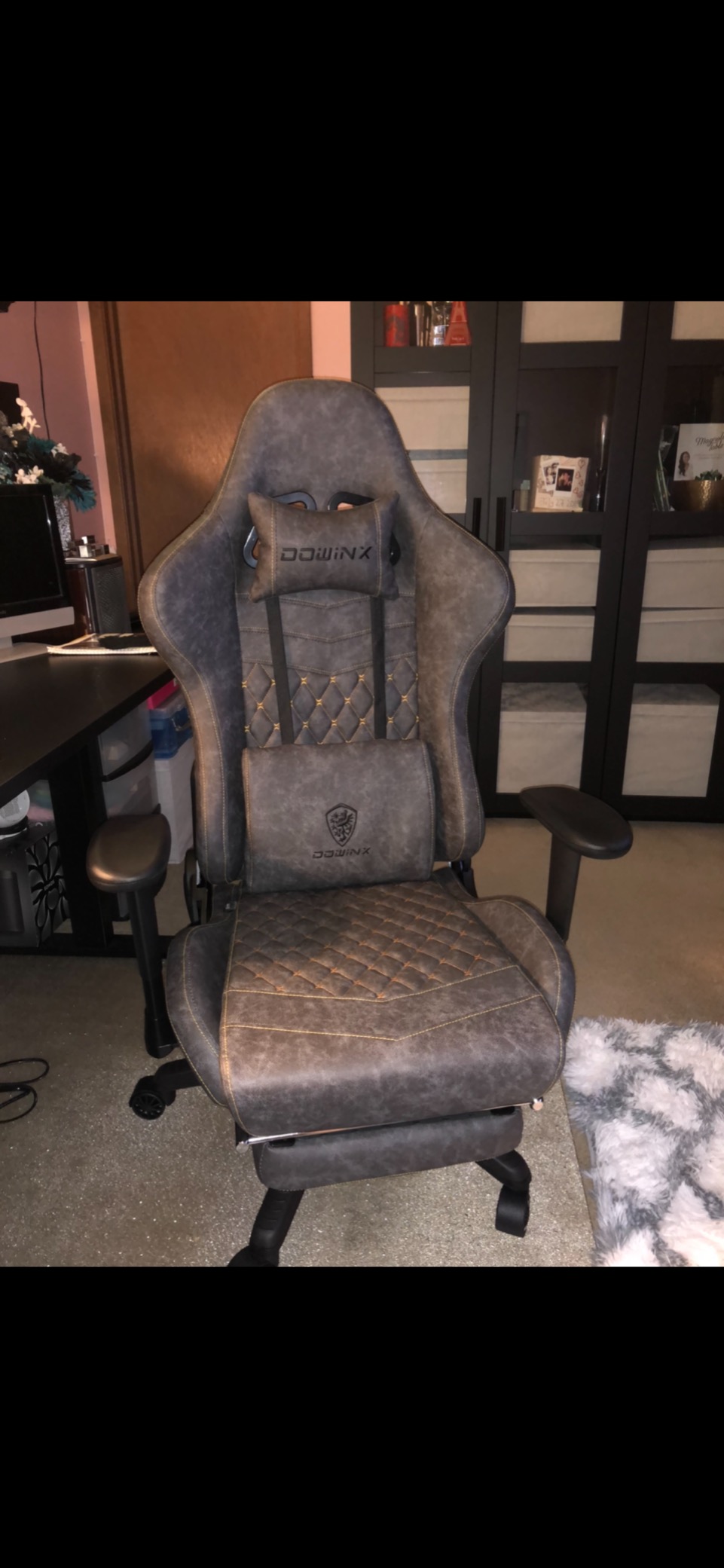 Dowinx Gaming Chair Fabric with Pocket Spring Cushion, Massage Game Chair Cloth with Headrest, Ergonomic Computer Chair with Footrest 290LBS, Black and Grey customer photo 2