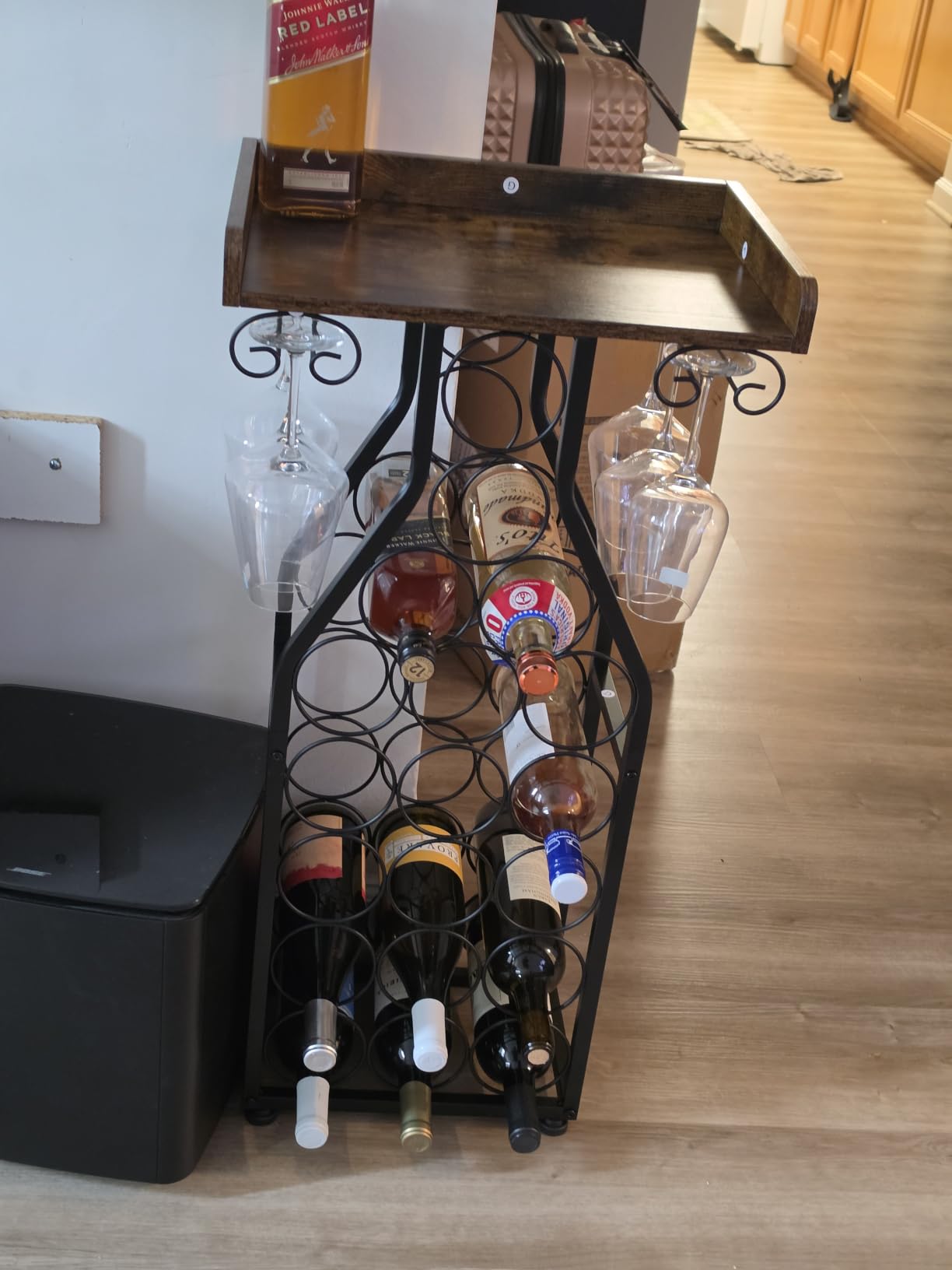 X-cosrack Wine Rack Freestanding Floor, Mini Bar Table Wine Holder Stand Liquor Cabinet with Glass Holder Wood Tabletop 14 Bottles customer photo 2