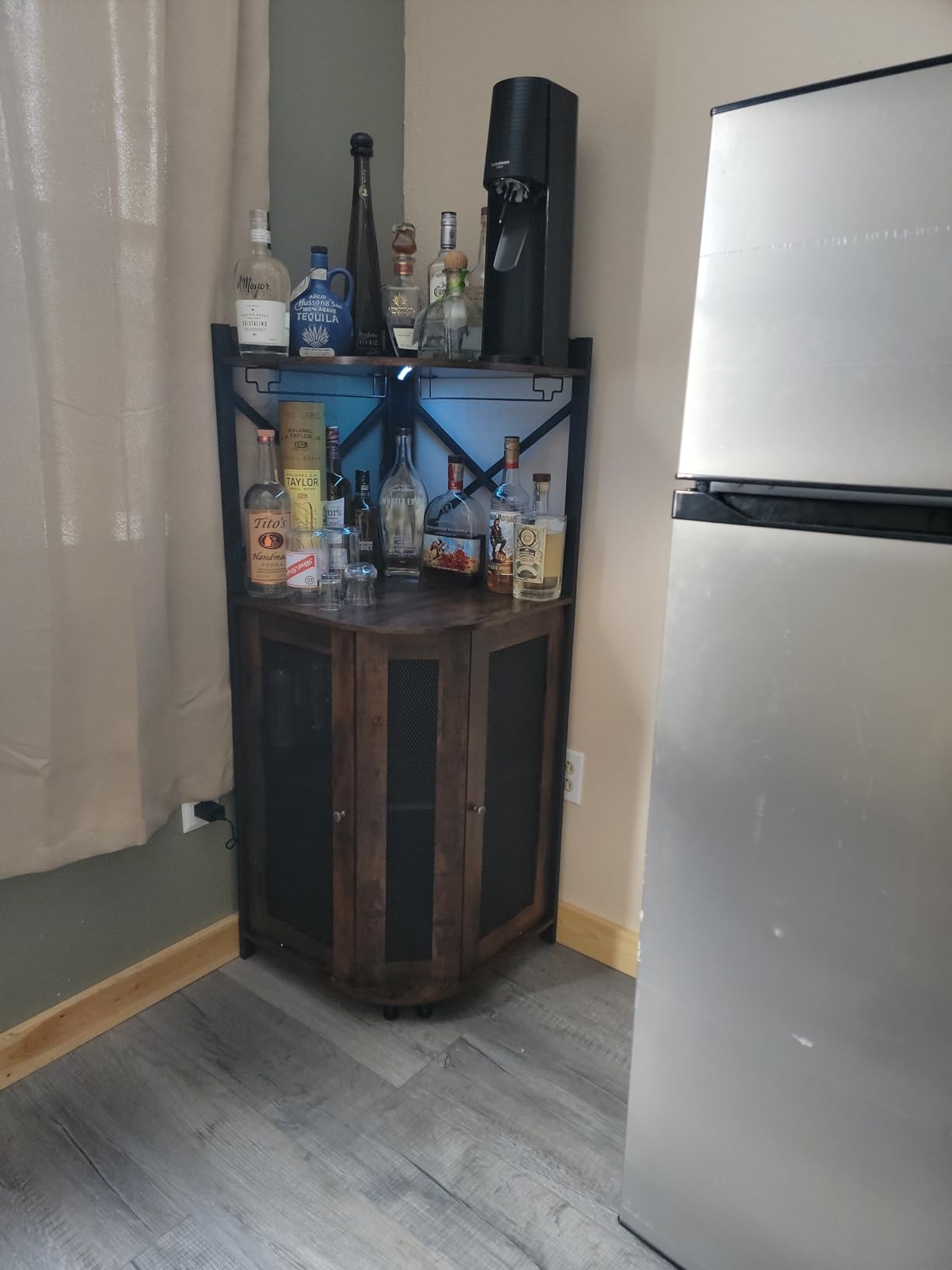 JKsmart Corner Bar Cabinet with LED Lights,Industrial Wine Cabinet with Glass Holder,4-Tier Wine Cabinet with Door and Shelf,Farmhouse Home Bar for Liquor Wine Coffee Storage,Rustic Brown customer photo 2