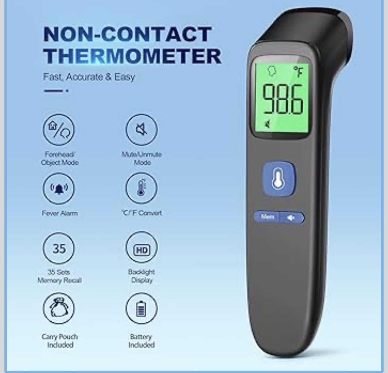No-Touch Thermometer for Adults, Kids, Babies, 1-Sec Fast Accurate (Blue) | Fever Alarm, Large LCD with 3-Color Backlight, Silent Mode, 35-Reading Memory, Forehead & Object Mode, for Home & Clinic customer photo 2