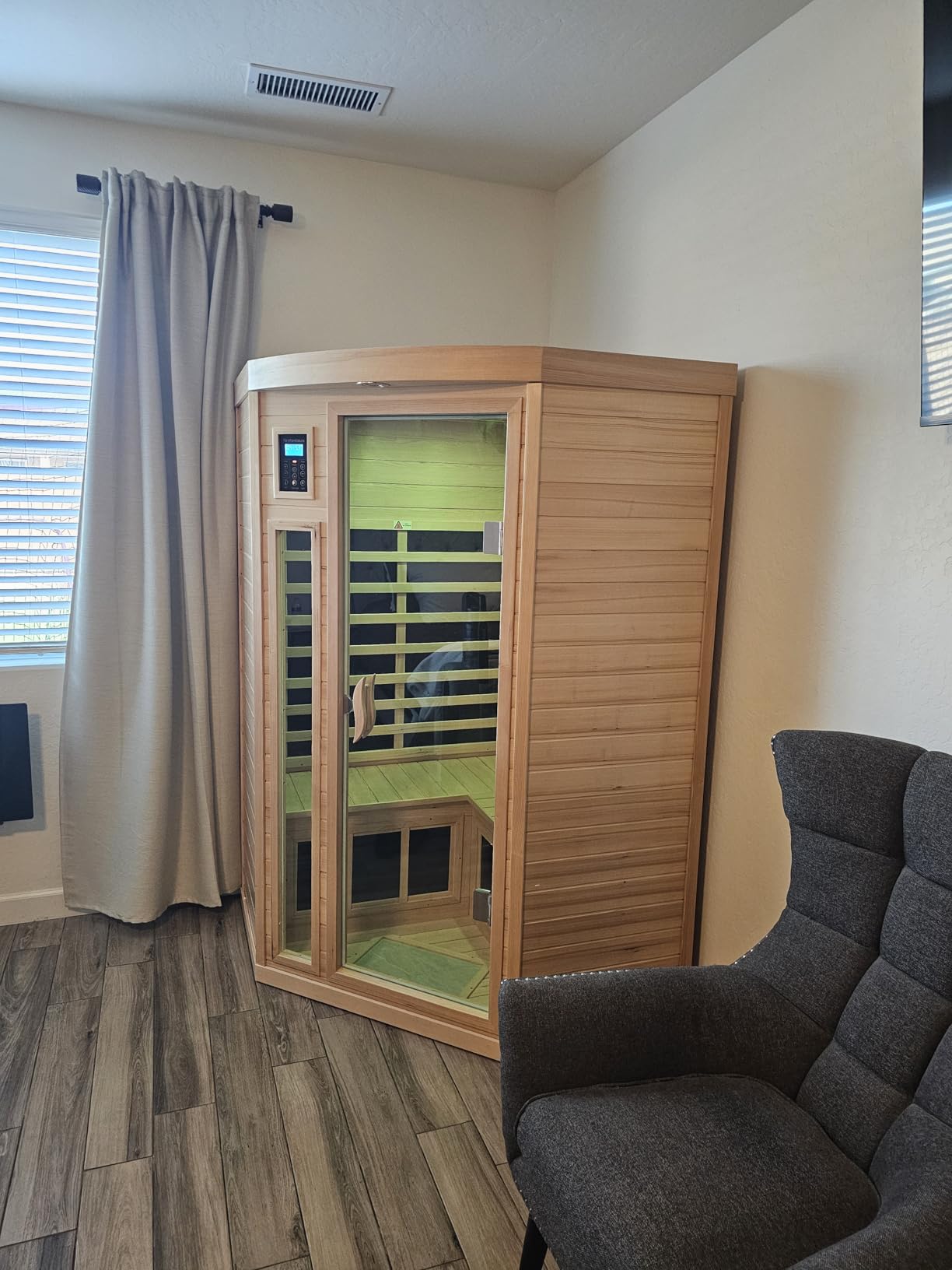 Far Infrared Wooden Sauna Room, 2-3 Person Home Sauna Canadian Hemlock Indoor Corner Sauna Spa, 2 Bluetooth Speakers, 2 LED Reading Lamp, 3 Chromotherapy Lights customer photo 1