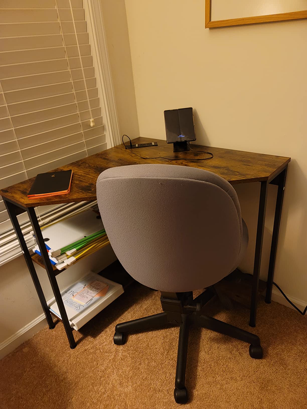 Triangle Corner Desk with Power Outlets, Storage Shelves for Small Space | 90 Degree Corner Table with CPU Stand, Computer Table with Charging Station for Home Office, Bedroom (Rustic) customer photo 1