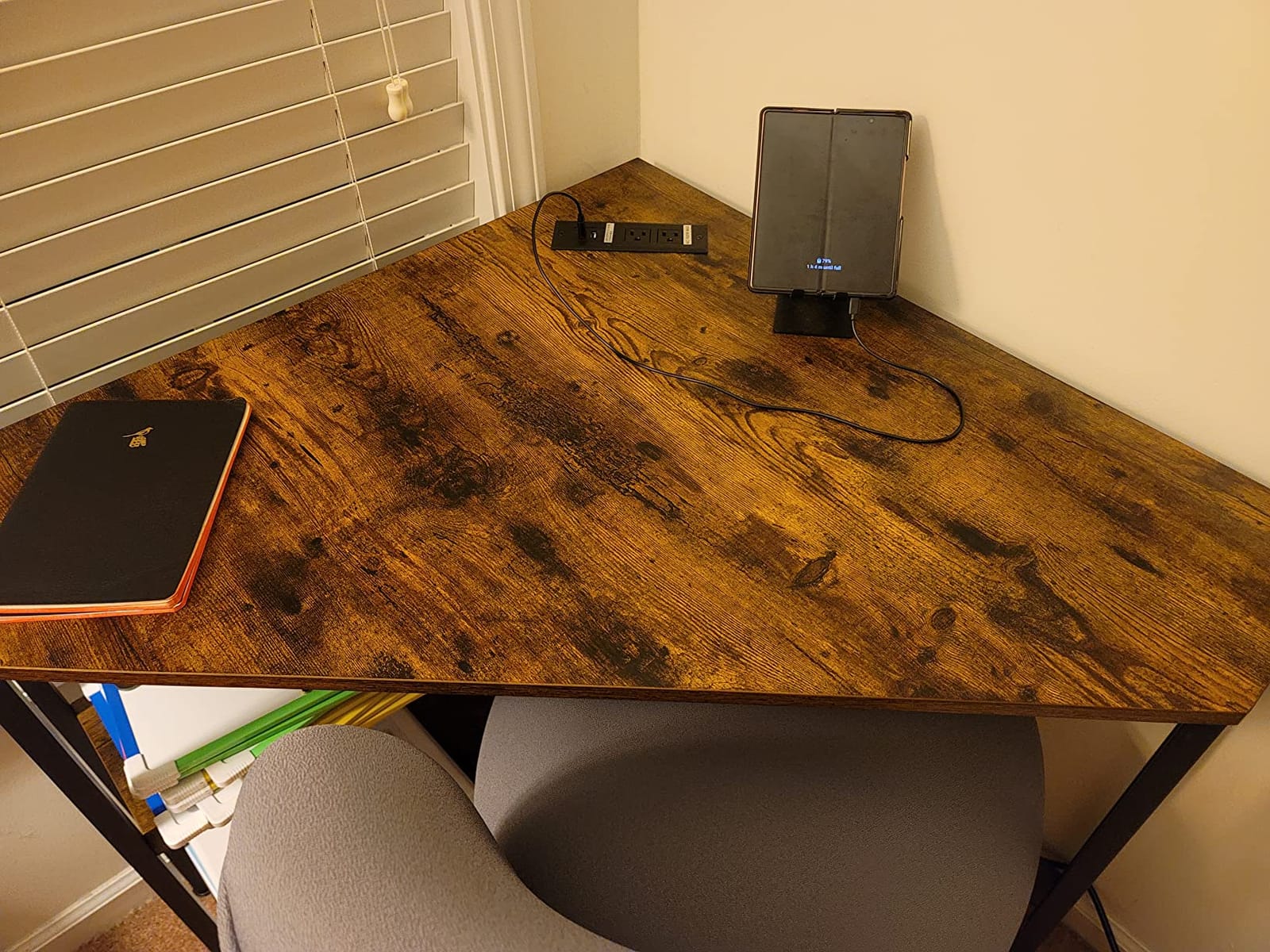 Triangle Corner Desk with Power Outlets, Storage Shelves for Small Space | 90 Degree Corner Table with CPU Stand, Computer Table with Charging Station for Home Office, Bedroom (Rustic) customer photo 2