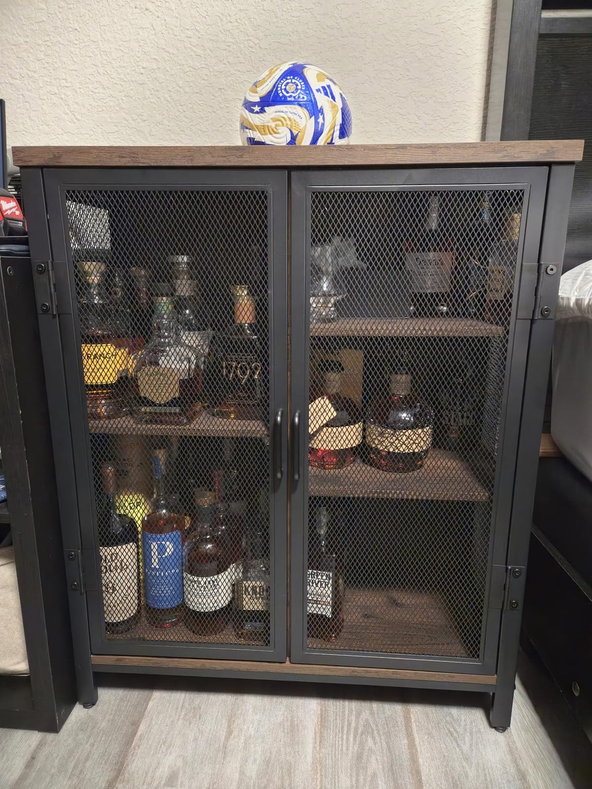 BON AUGURE Coffee Bar Cabinet for Liquor, Small Storage Cabinet, Rustic Oak | 2 Doors, Industrail Alcohol Cabinet, Adjustable Shelves, Farmhouse Sideboard Buffet for Home Kitchen, Dining, Living Room customer photo 2