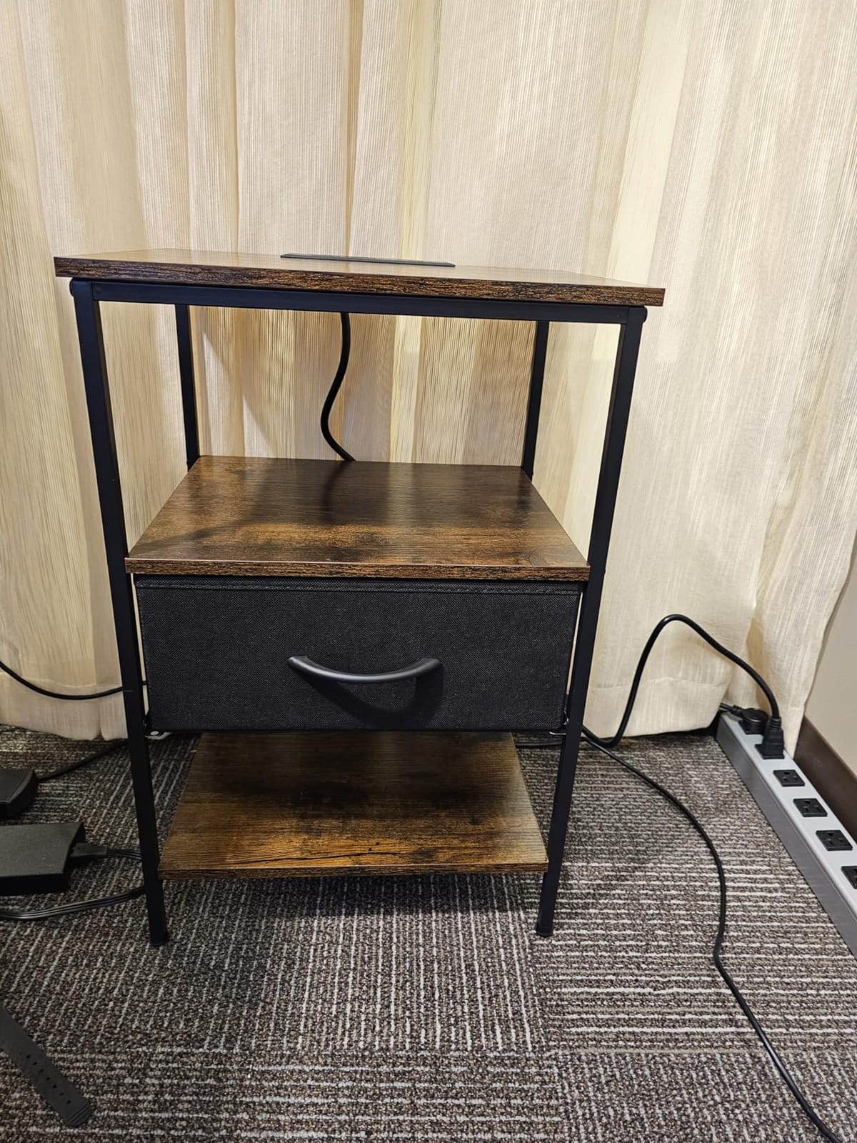 SUPERJARE Nightstand with Charging Station, USB-C Port, Bedside Table | Night Stand for Bedroom, with Adjustable Fabric Drawer, 3-Tier Storage End Table, for Living Room, Rustic Brown & Black customer photo 1