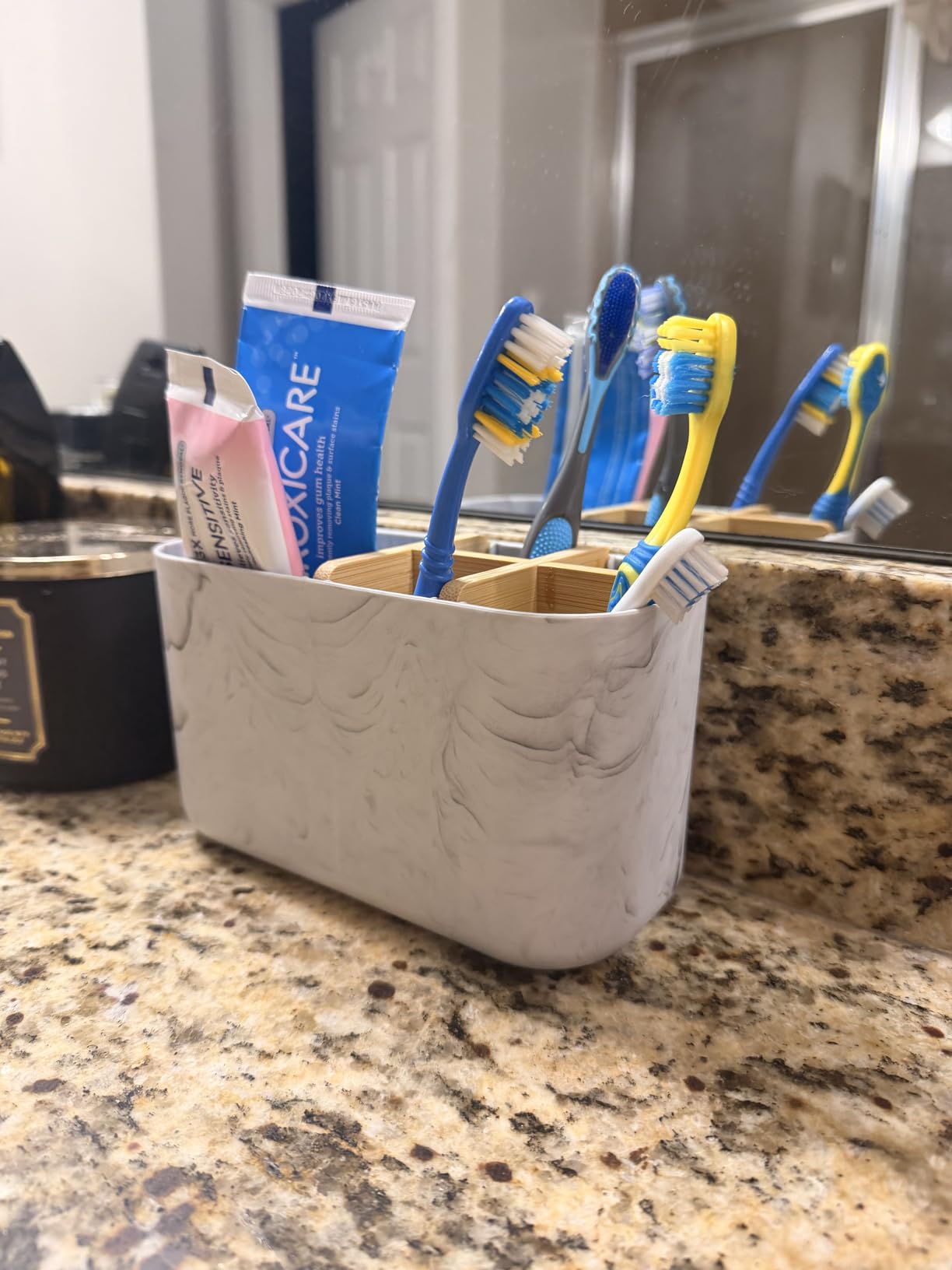 GFWARE Toothbrush Holders for Bathrooms, 5 Slots Bamboo Toothbrush Holder Kids Electric Toothbrush Holder and Toothpaste Holder for Bathroom Countertop Accessories Storage, Marble Toothbrush Organizer customer photo 2