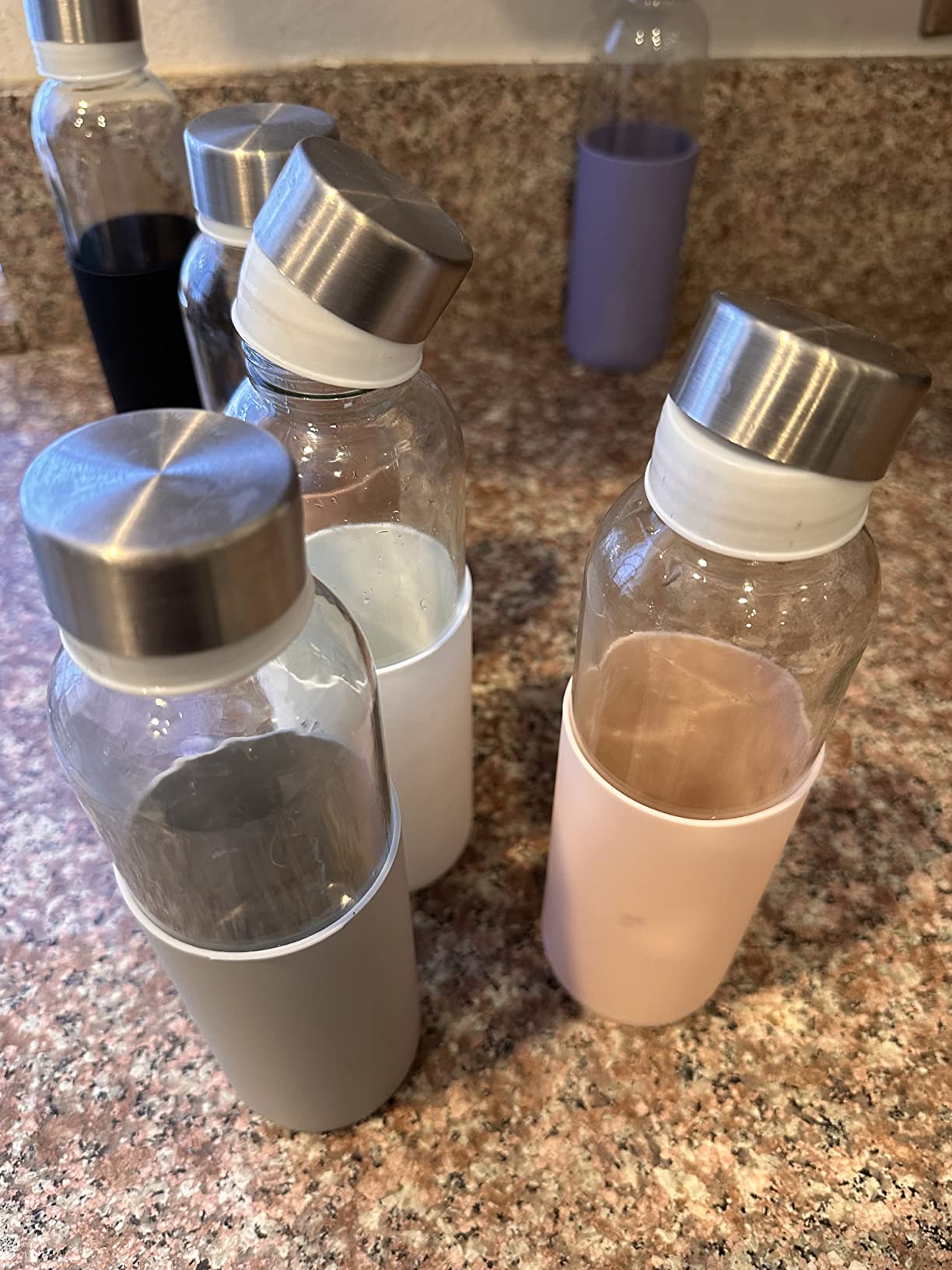 Luxfuel 18 oz Glass Water Bottles with Lids and Silicone Sleeve 6 Pack | Leak Proof Stainless Steel Lids, BPA Free, Reusable Glass Bottles for Juicing, Smoothies & Refrigerator, Dishwasher Safe customer photo 2