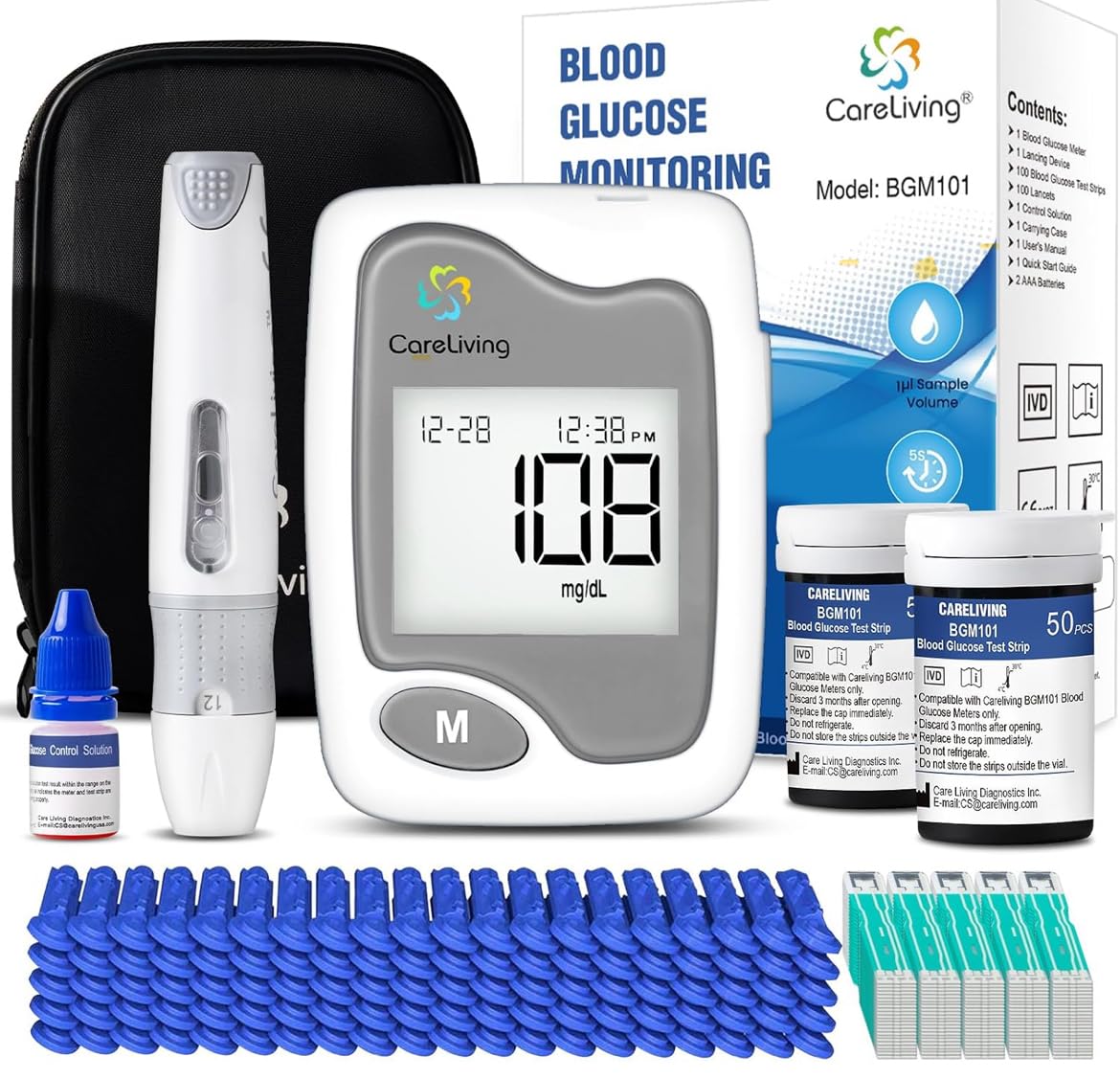 CareLiving BGM101 Blood Glucose Monitor Kit, 100 Test Strips, 100 Lancets, 1 Blood Glucose Meter, 1 Lancing Device, Diabetes Testing Kit, Portable Blood Sugar Test Kit, Glucometer Kit for Home customer photo 1