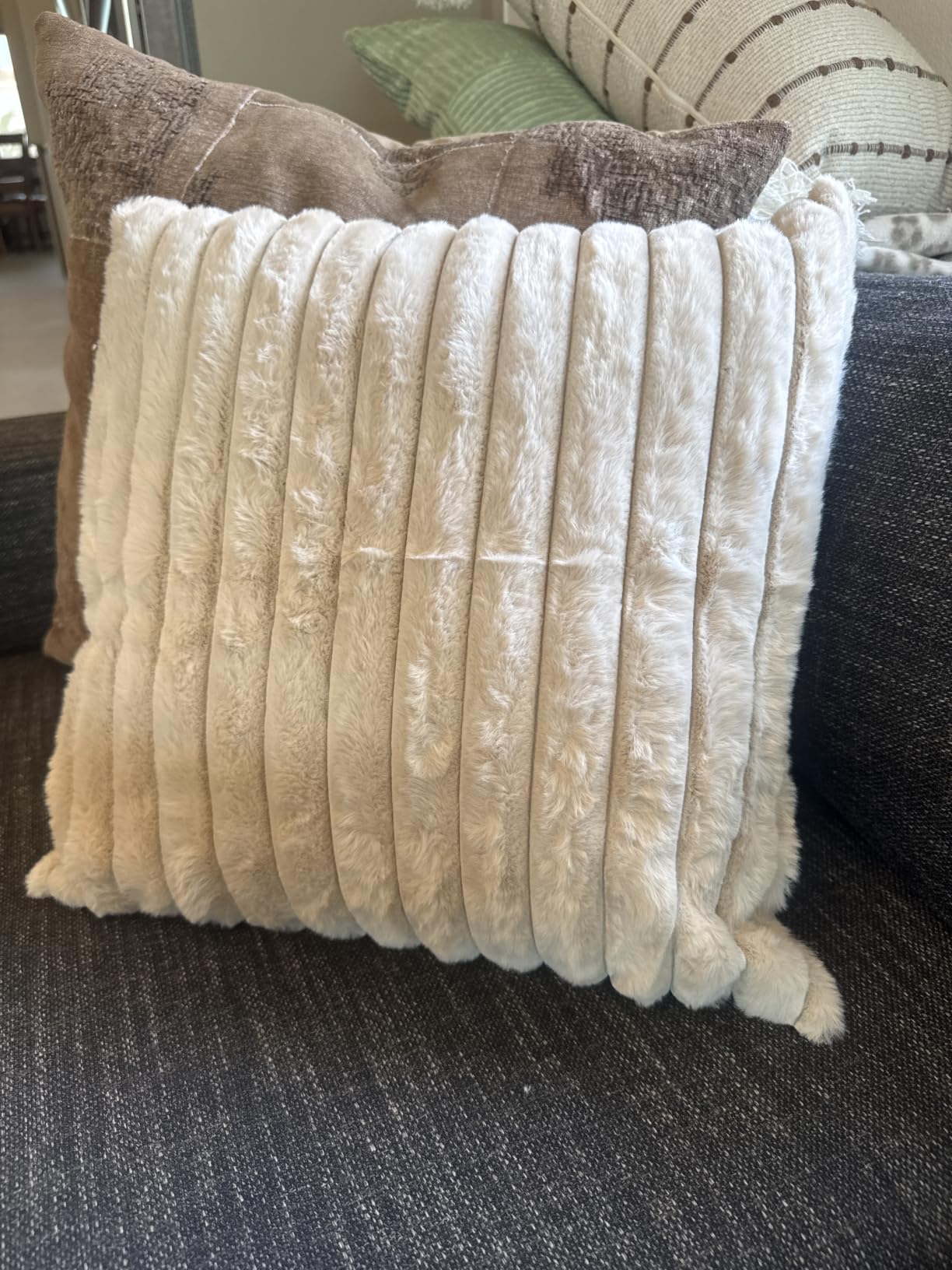 Pallene Faux Fur Decorative Throw Pillow Covers 18x18 Set of 2, Cream White | Luxury Plush Texture, Striped Design, Cozy Soft Touch, Modern Home Accent Decor for Couch, Sofa, Bed, Living Room customer photo 1