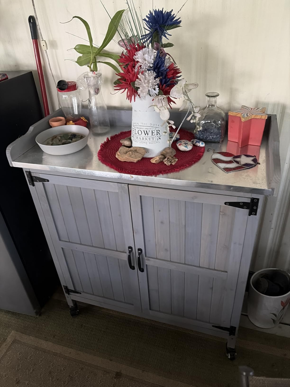 Yaheetech Rolling Potting Bench Outdoor Storage Cabinet, Metal Top, Brown | Fir wood cabinet with shelves hides garden and grill gear, its metal top suits potting, and locking wheels roll it anywhere. customer photo 1