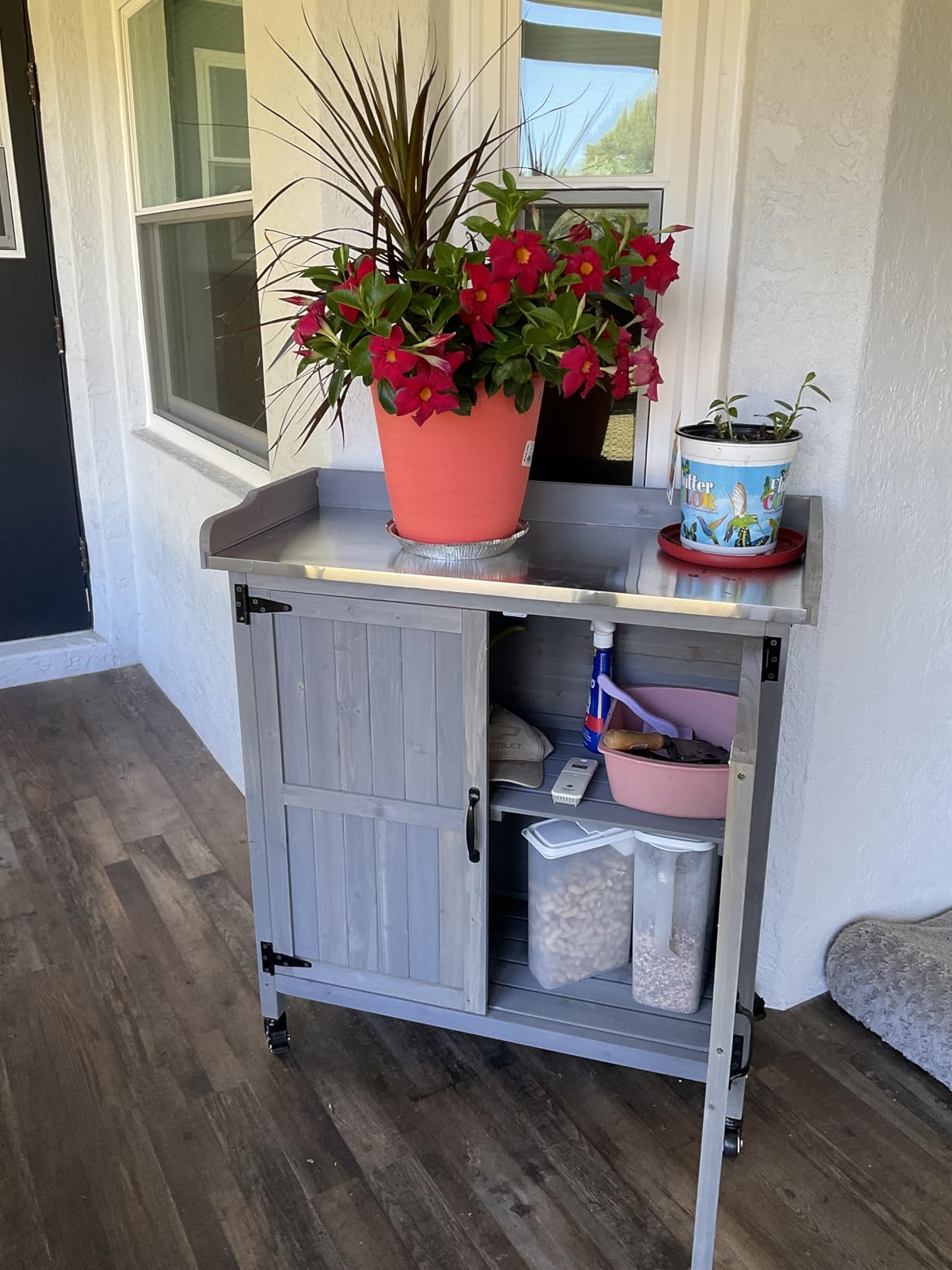 Yaheetech Rolling Potting Bench Outdoor Storage Cabinet, Metal Top, Brown | Fir wood cabinet with shelves hides garden and grill gear, its metal top suits potting, and locking wheels roll it anywhere. customer photo 2