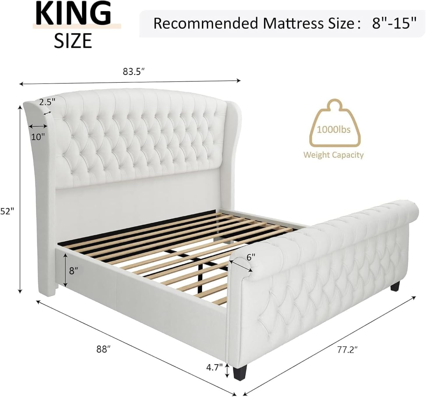 AMERLIFE King Size Upholstered Sleigh Platform Bed Frame with Headboard, Wingback Headboard, Deep Button Tufted, Wood Slats Support, No Box Spring Needed, Cream Chenille customer photo 1