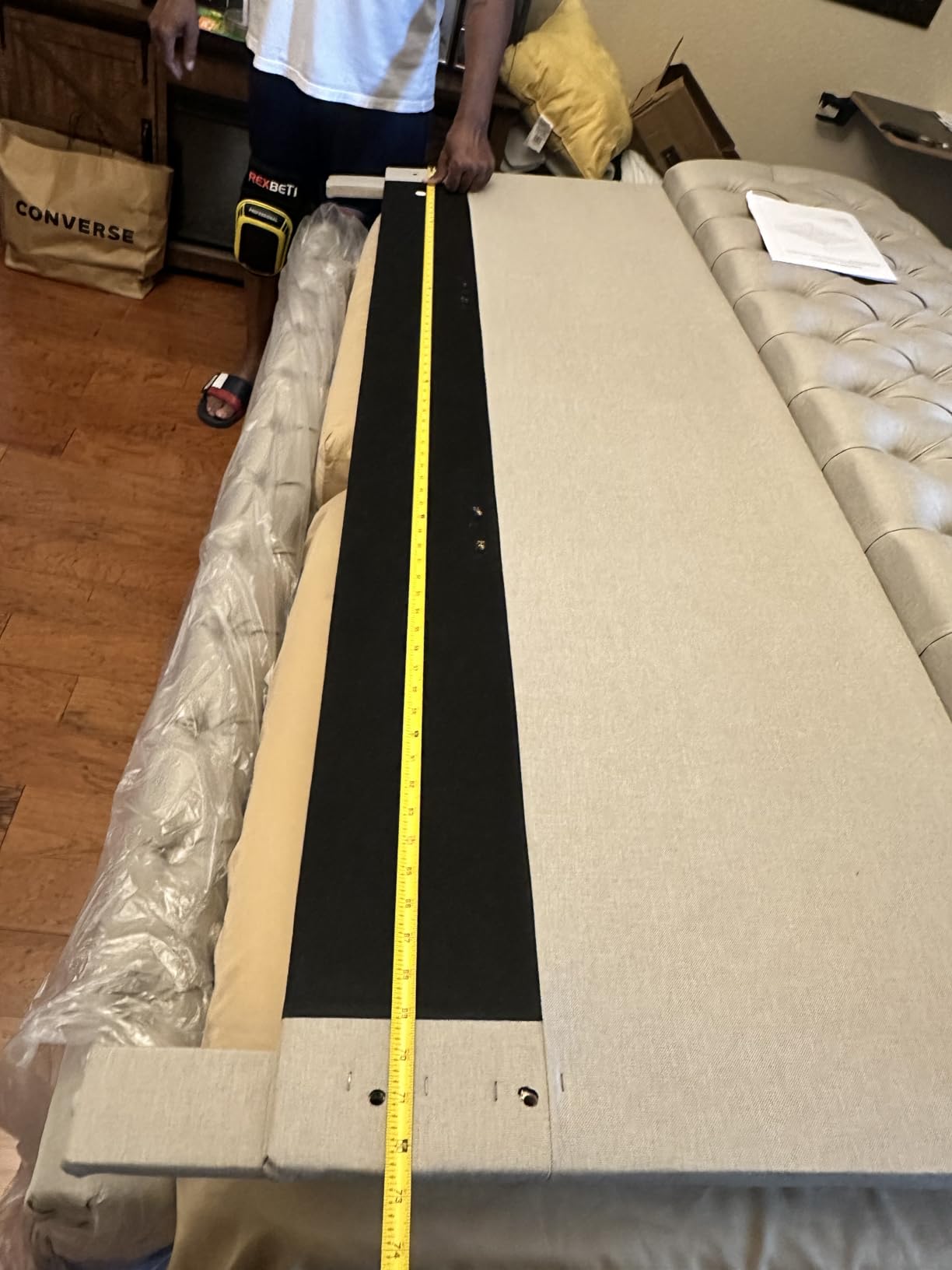 AMERLIFE King Size Upholstered Sleigh Platform Bed Frame with Headboard, Wingback Headboard, Deep Button Tufted, Wood Slats Support, No Box Spring Needed, Cream Chenille customer photo 2