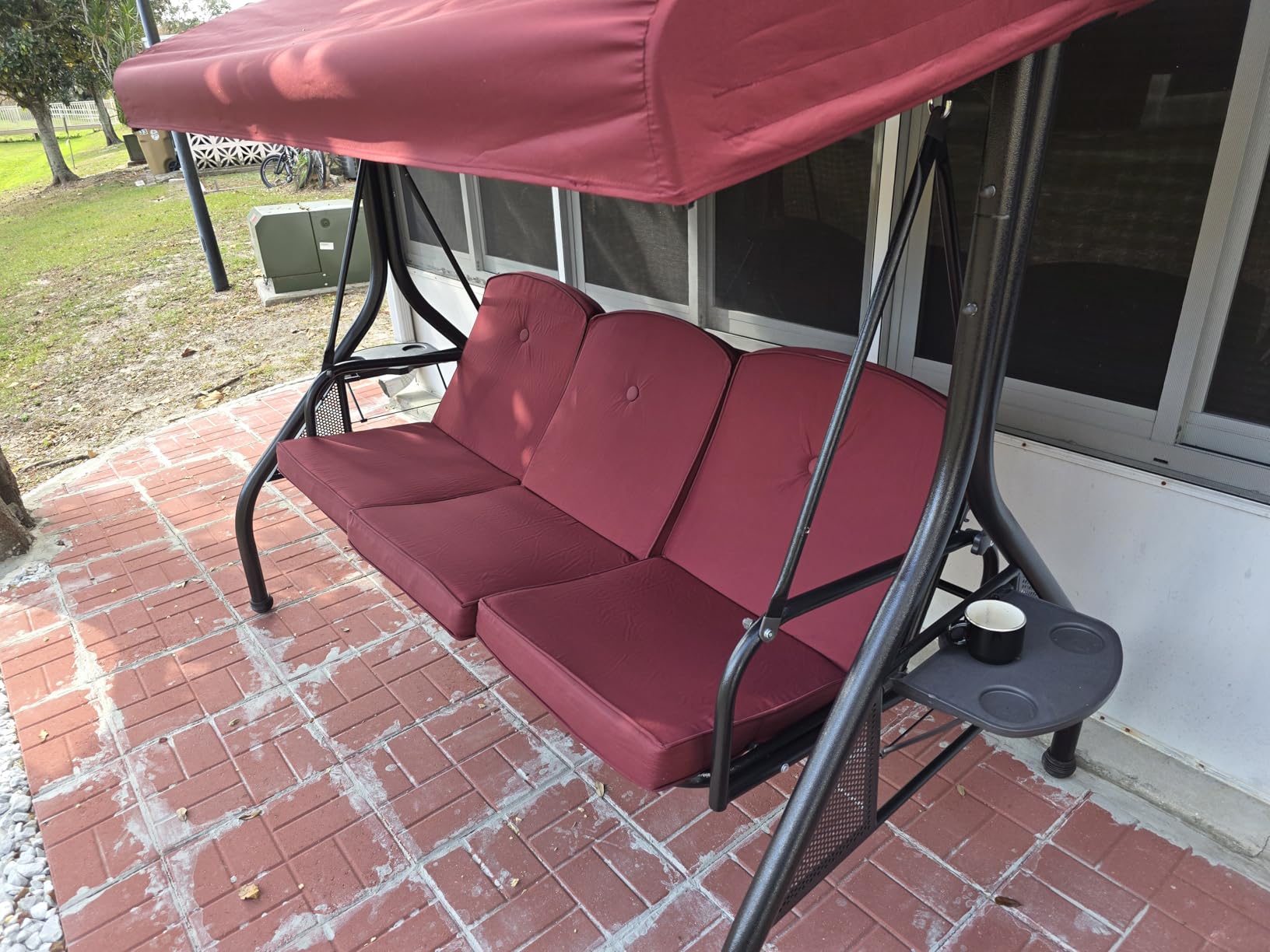 NOBLEMOOD Patio Porch Swing, 3-Seat Outdoor Swing with Adjustable Canopy | Porch Swing Bed with Foldable Side Tray, Removable Fabric Cushions, Pillow for Patio, Backyard customer photo 2