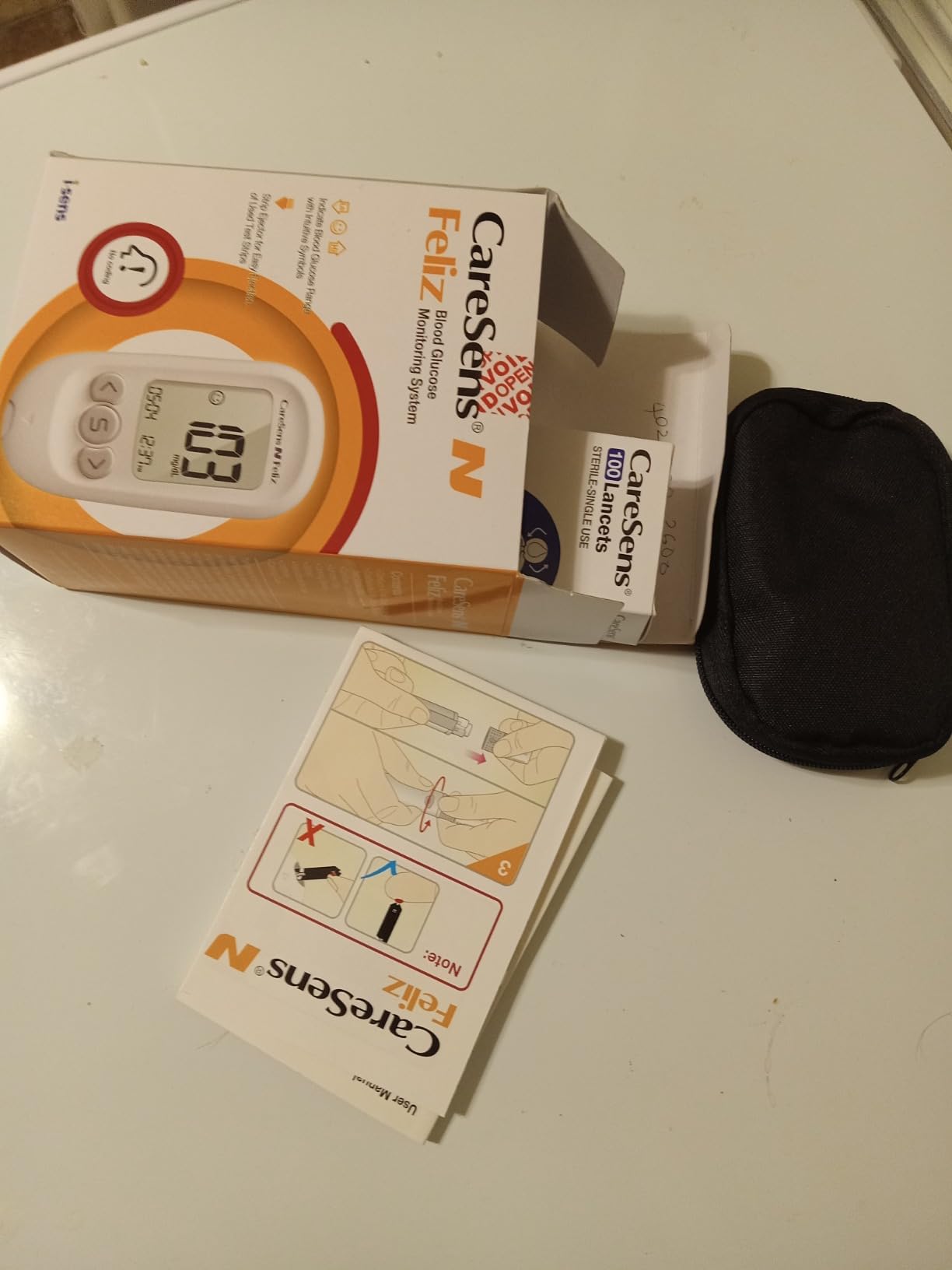 CareSens N Feliz Blood Glucose Monitoring Kit with 100 Blood Sugar Test Strips, 100 Lancets, 1 Blood Glucose Meter, 1 Lancing Device, 1 Control Solution, Travel Case for Diabetes Testing Kit for Personal Use customer photo 1