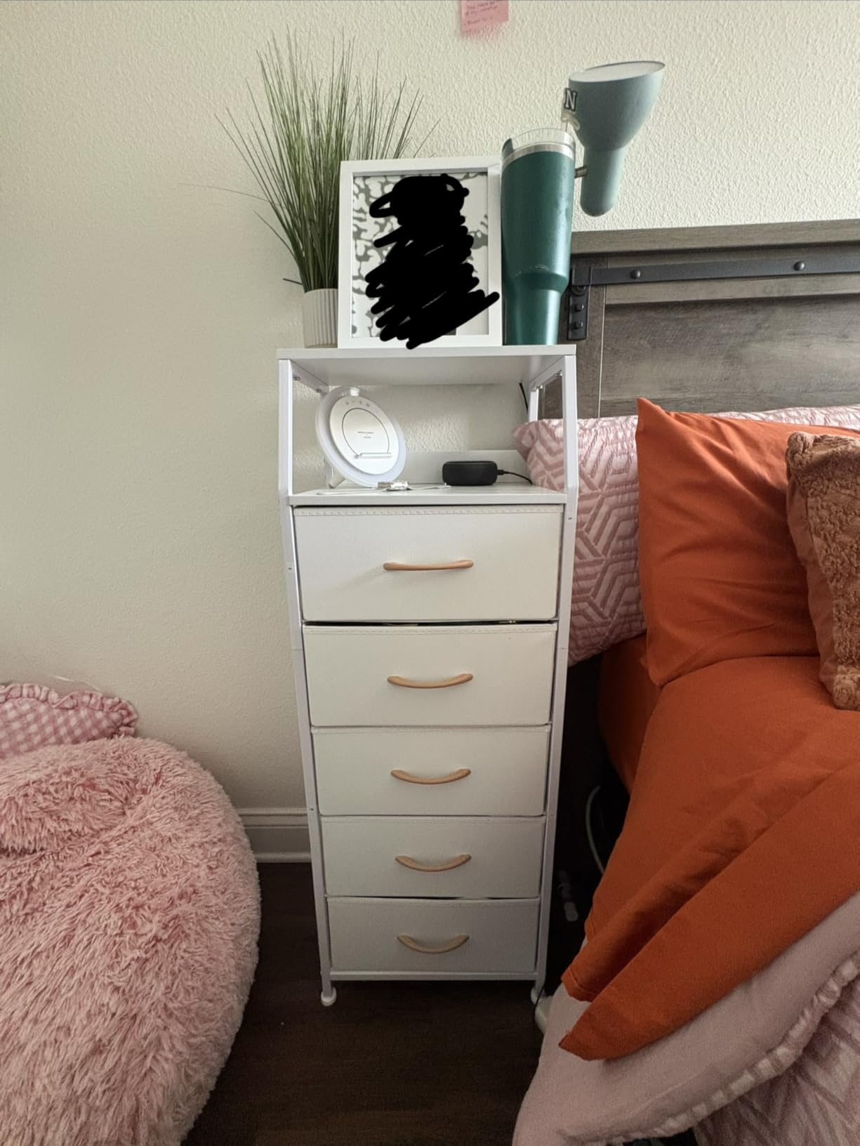 Furnulem White Night Stand with 3 Fabric Drawers, Small Bedside Table | 2-Tier Shelf, Nightstand with Drawer for Bedroom, Storage Cabinet for Dorm, Closet, Living Room, Sturdy Steel Frame, Wood Top customer photo 2