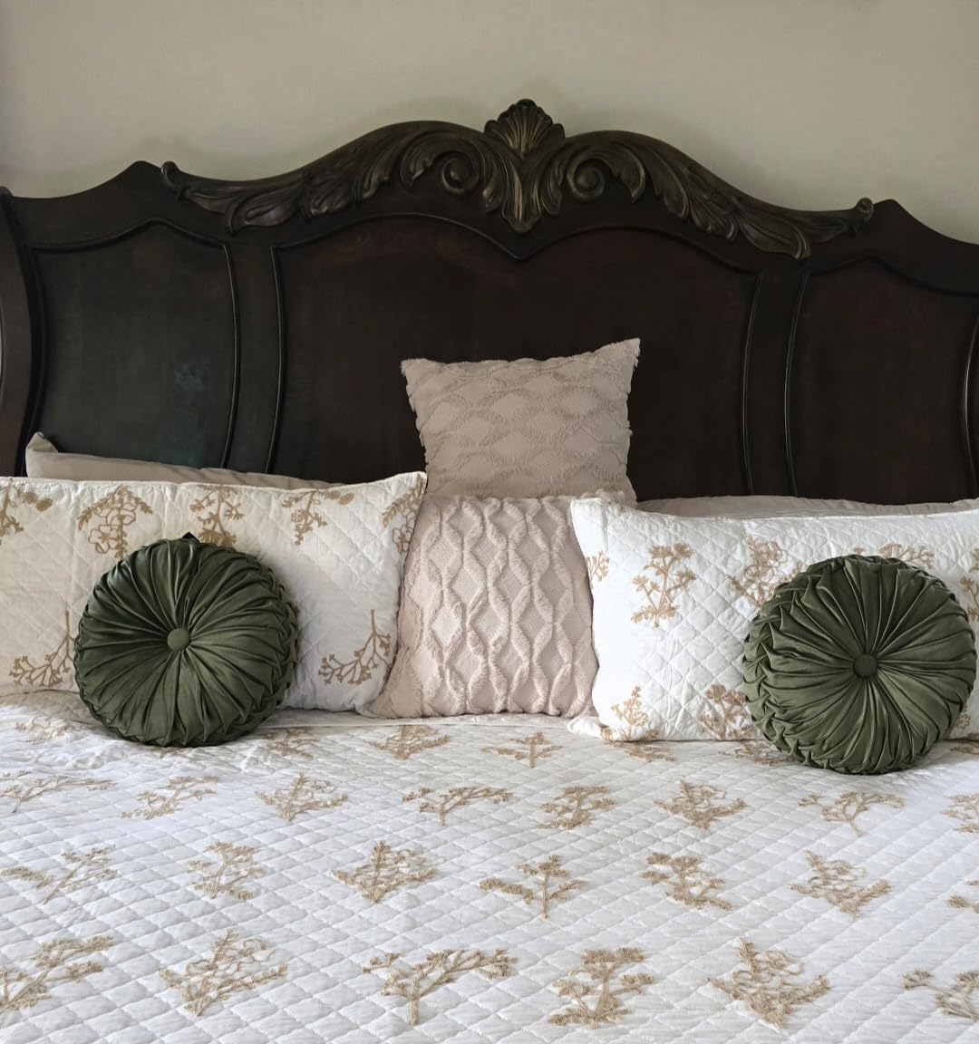 HIG Set of 2 Olive Velvet Decorative Round Pleated Throw Pillows | Vintage Floor Pillows, Classy Accent Pumpkin with Center Button, for Sofa Couch Vanity Chair Bed, 14.5