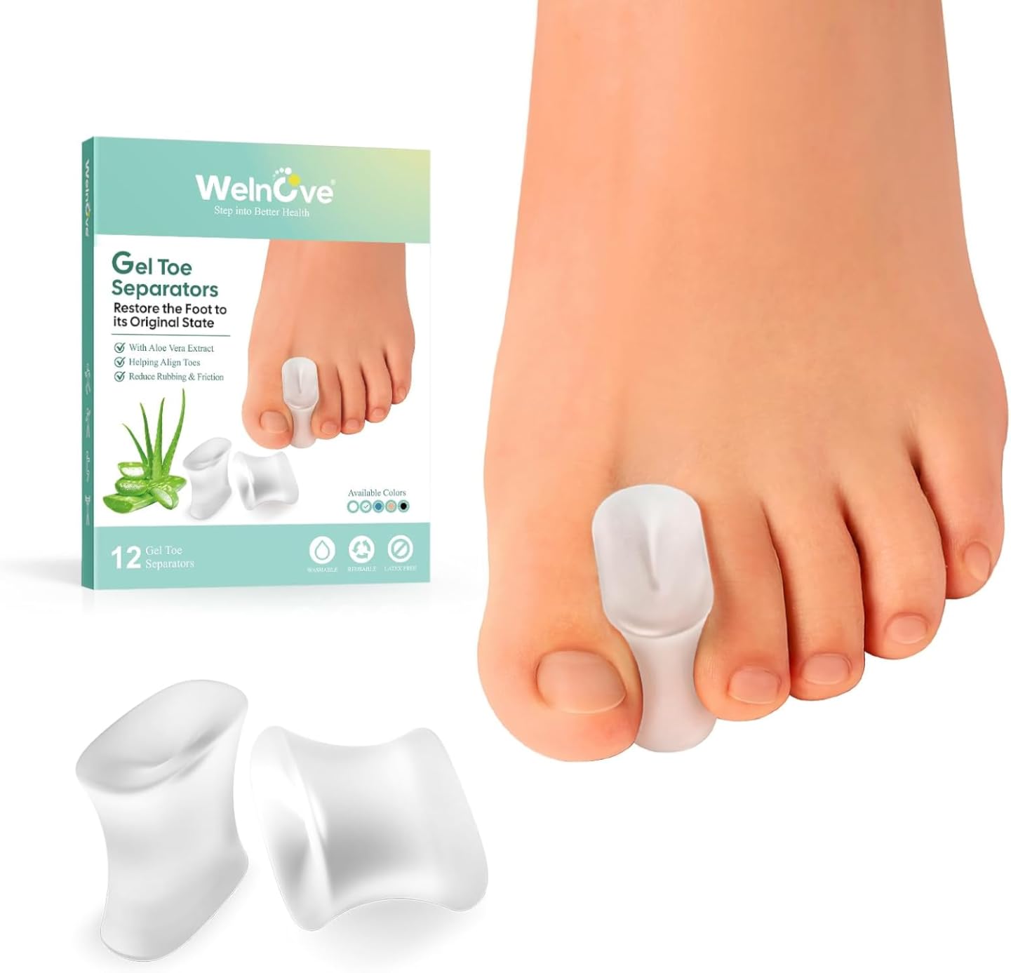 Welnove 12-Pack Gel Toe Separators - Bunion Pads - Toe Spacers for Straightening Overlapping Toes for Men and Women - Transparent customer photo 1