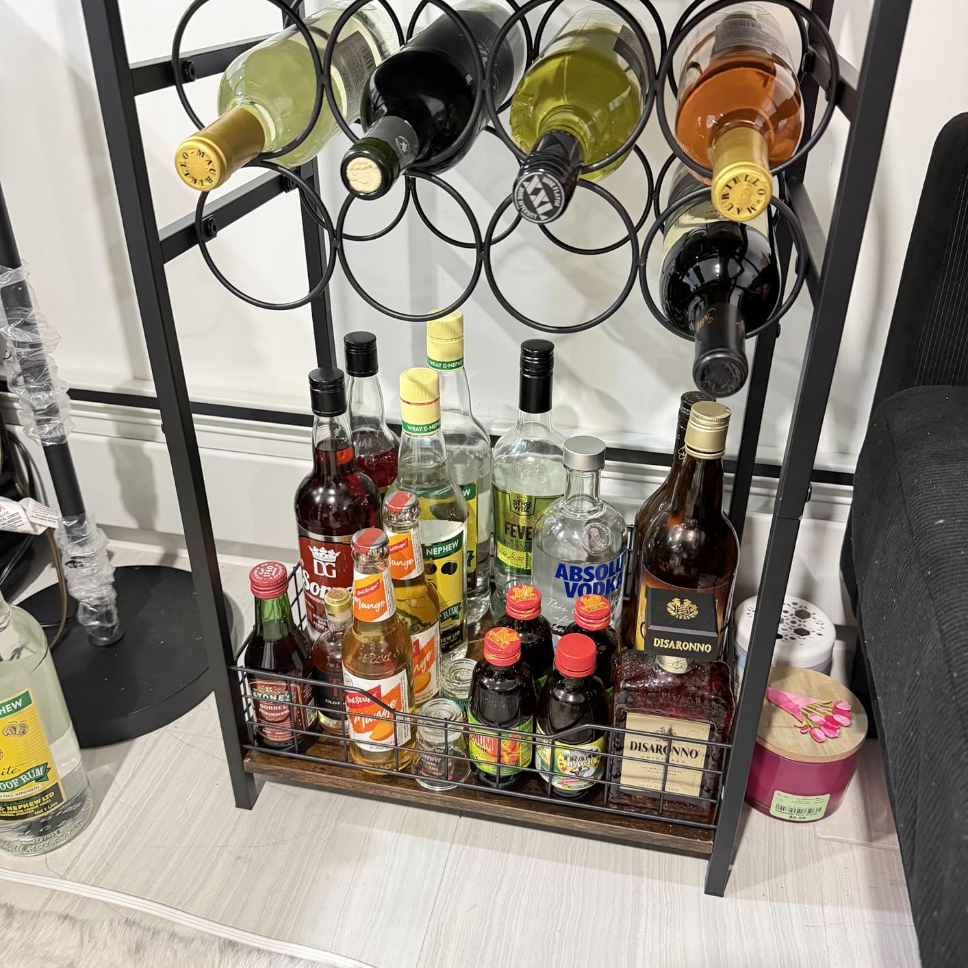 3-Tier Wine Rack Freestanding Floor Cabinet Corner Bar Cabinet Bar Cart, 12 Individual Wine Storage Bottle Compartments Corner Bar Cabinet Holder, Wood + Black Frame Liquor Cabinet customer photo 1