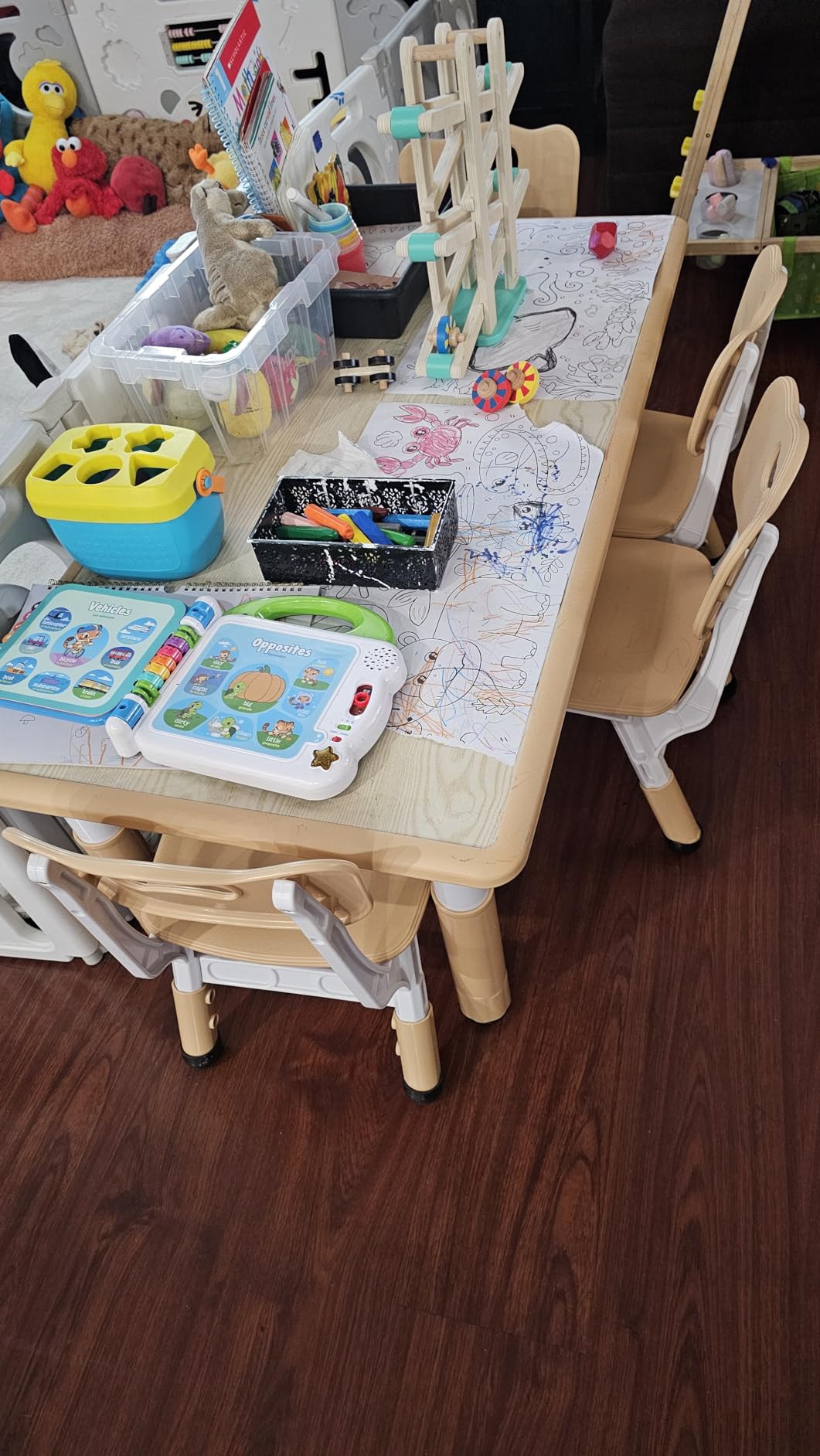 Brelley Height Adjustable Toddler Table and 6 Chairs Set, Beige | Table Supports 300 lbs, Non-Toxic HDPE, Graffiti Desktop, Classroom/Daycare/Home, Children Multi-Activity Table for Ages 3-8 customer photo 2