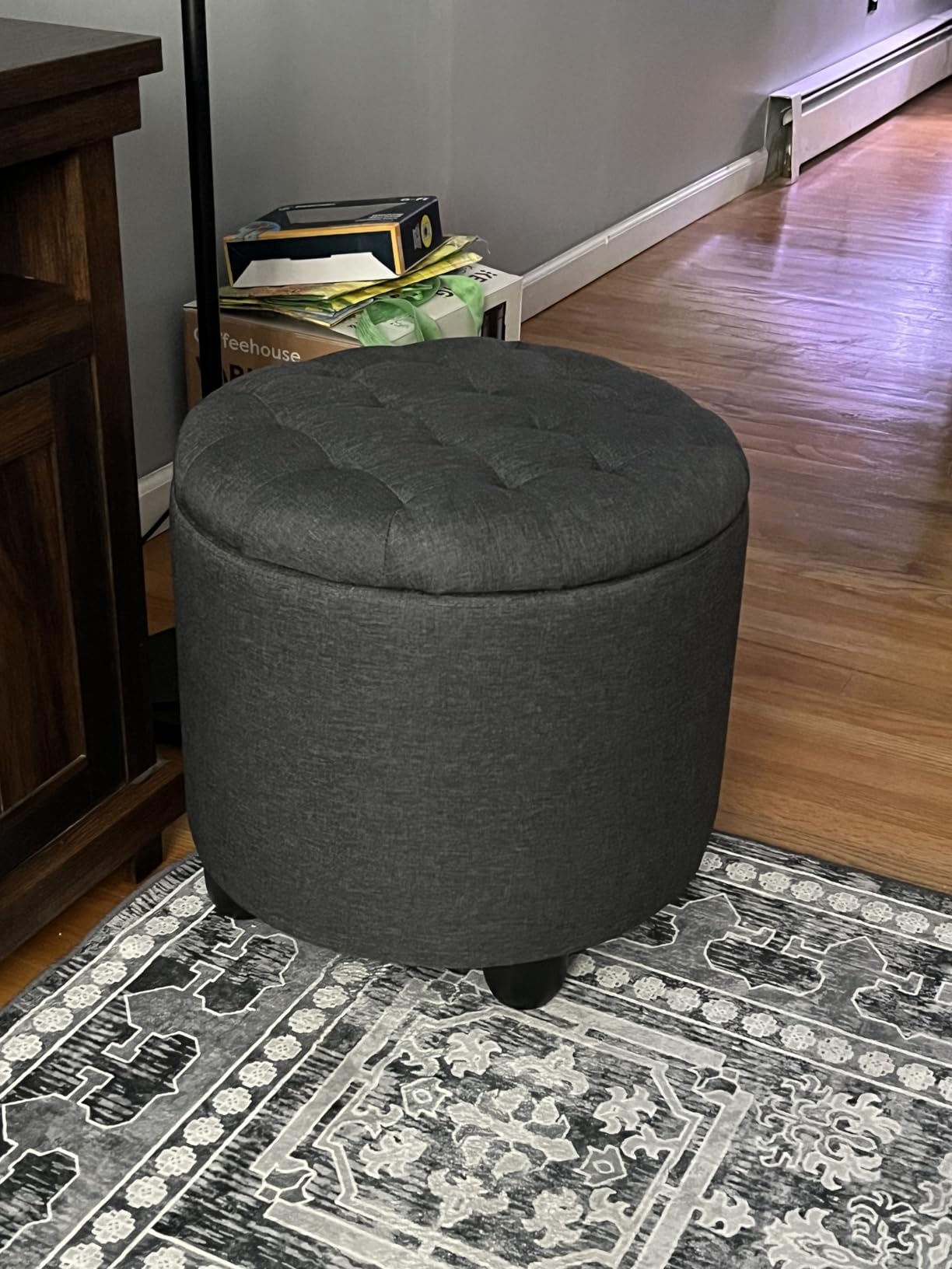 Furniliving Modern Round Storage Ottoman, Button Tufted Ottoman Foot Stools Ottoman Footstool with Removable Lid Storage Ottoman for Living Room, Bedroom, Makeup Room, Beige customer photo 1