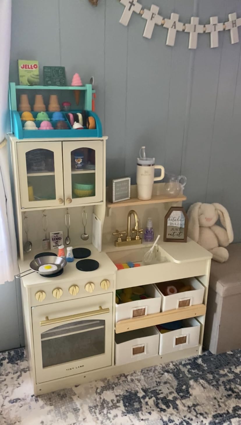 Tiny Land Wooden Play Kitchen for Kids with Toy Storage for Pretend Play | Built-In Cabinets, Felt Bins & Cookware Accessories Make Cleanup Easy While Encouraging Organizational Skills customer photo 1