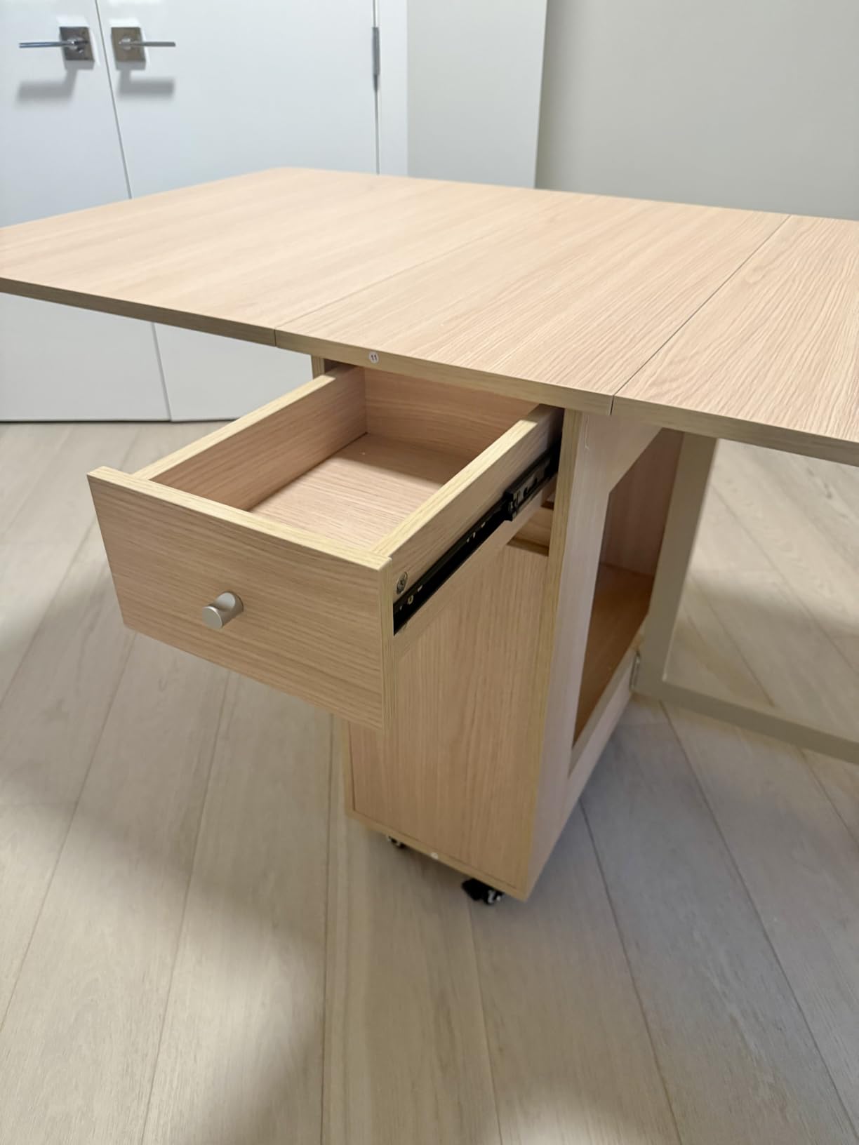 Drop Leaf Folding Dining Table with Storage, Wheels, Space Saving | Foldable Design, 18mm Thick Plywood, 300lbs Capacity, Locking Wheels, Farmhouse, for Living Room Kitchen Small Spaces, Walnut customer photo 1