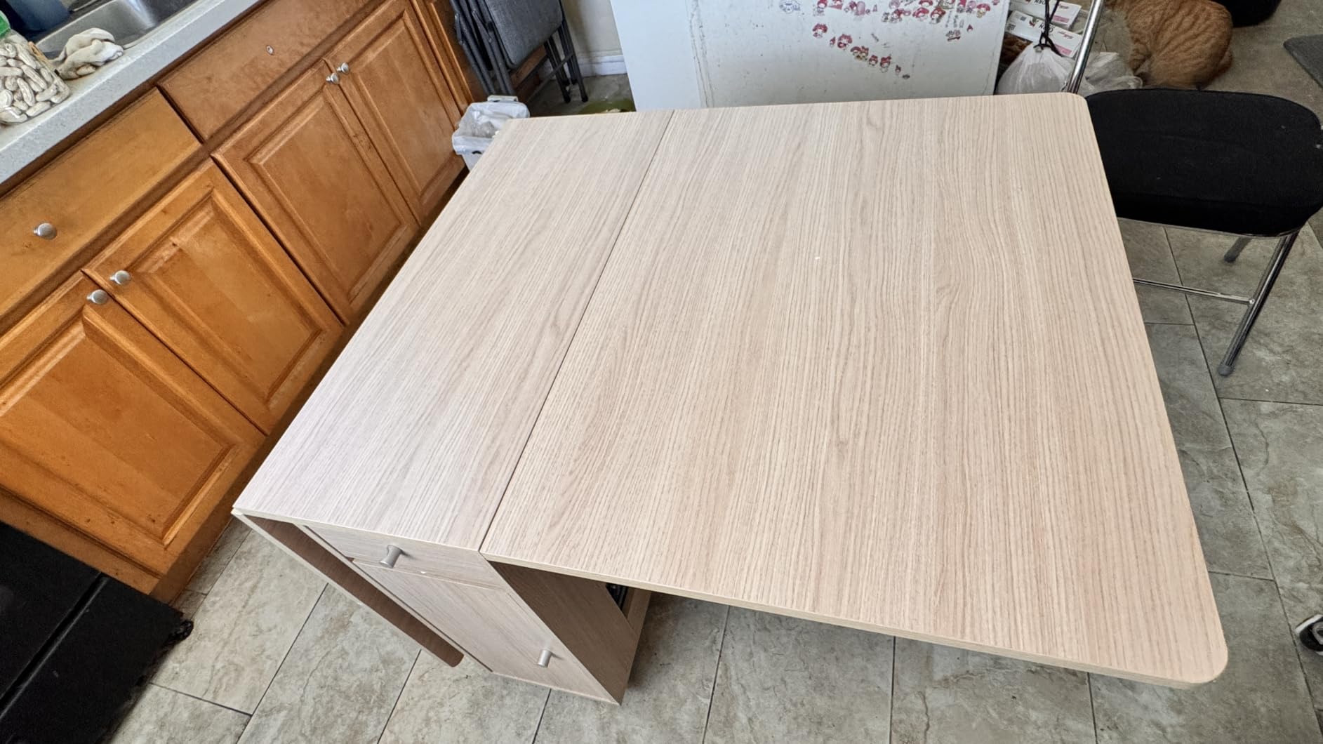 Drop Leaf Folding Dining Table with Storage, Wheels, Space Saving | Foldable Design, 18mm Thick Plywood, 300lbs Capacity, Locking Wheels, Farmhouse, for Living Room Kitchen Small Spaces, Walnut customer photo 2