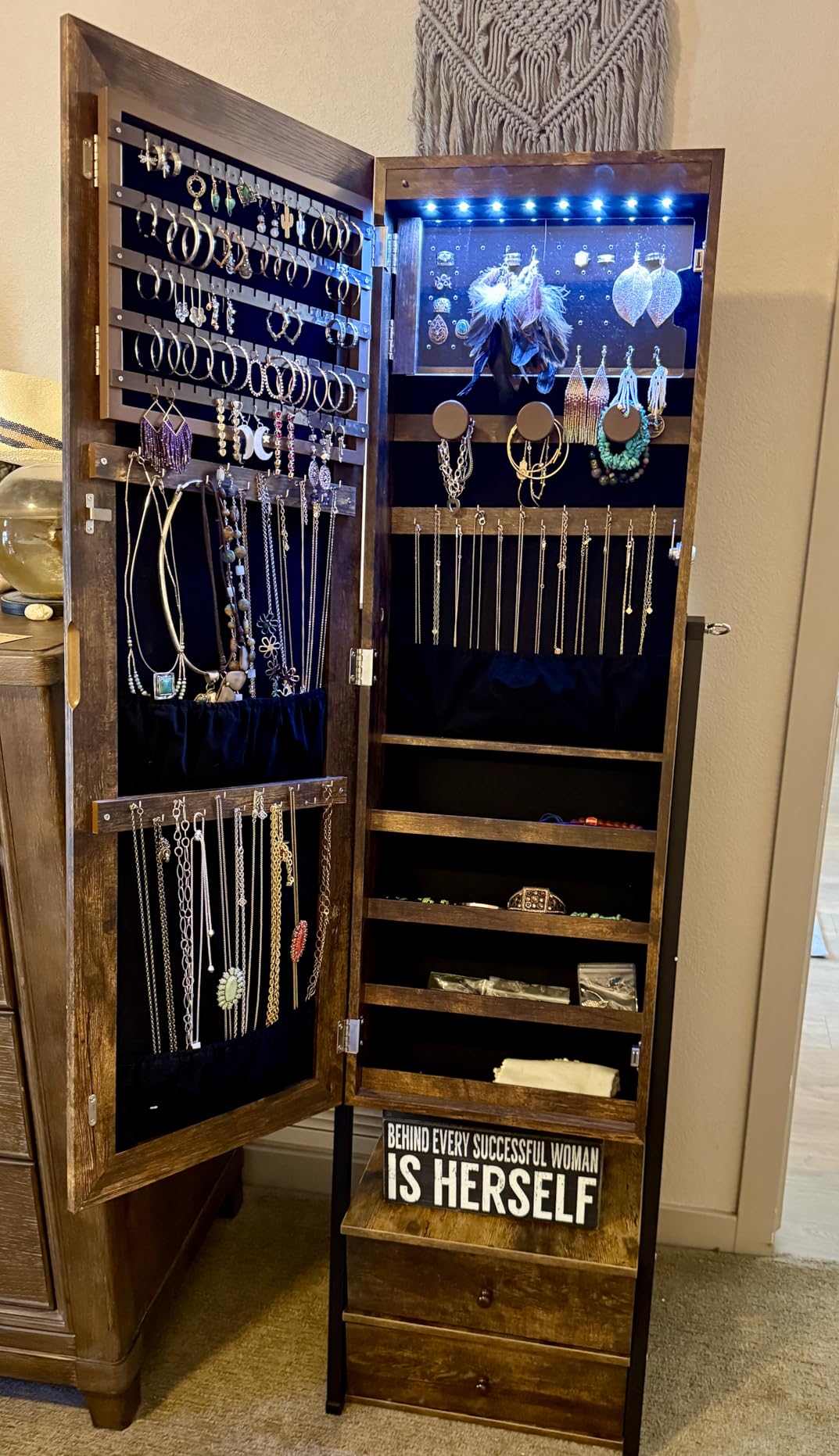 Nicetree Mirror Jewelry Cabinet, Lockable Full Length Mirror, 2 Drawers | Standing Jewelry Armoire with Mirror, Mirror with Jewelry Storage, Adjustable Angles, Easy Assembly, Gift Idea, Rustic Brown customer photo 2