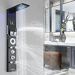 RUMOSE Matte Black Shower Panel Tower System, 5-Mode Shower Faucet Set | LED Light Rainfall Shower Head Digital Display with Massage Jets Tub Spout Shower Shelves, Stainless Steel, Wall Mount customer photo 1