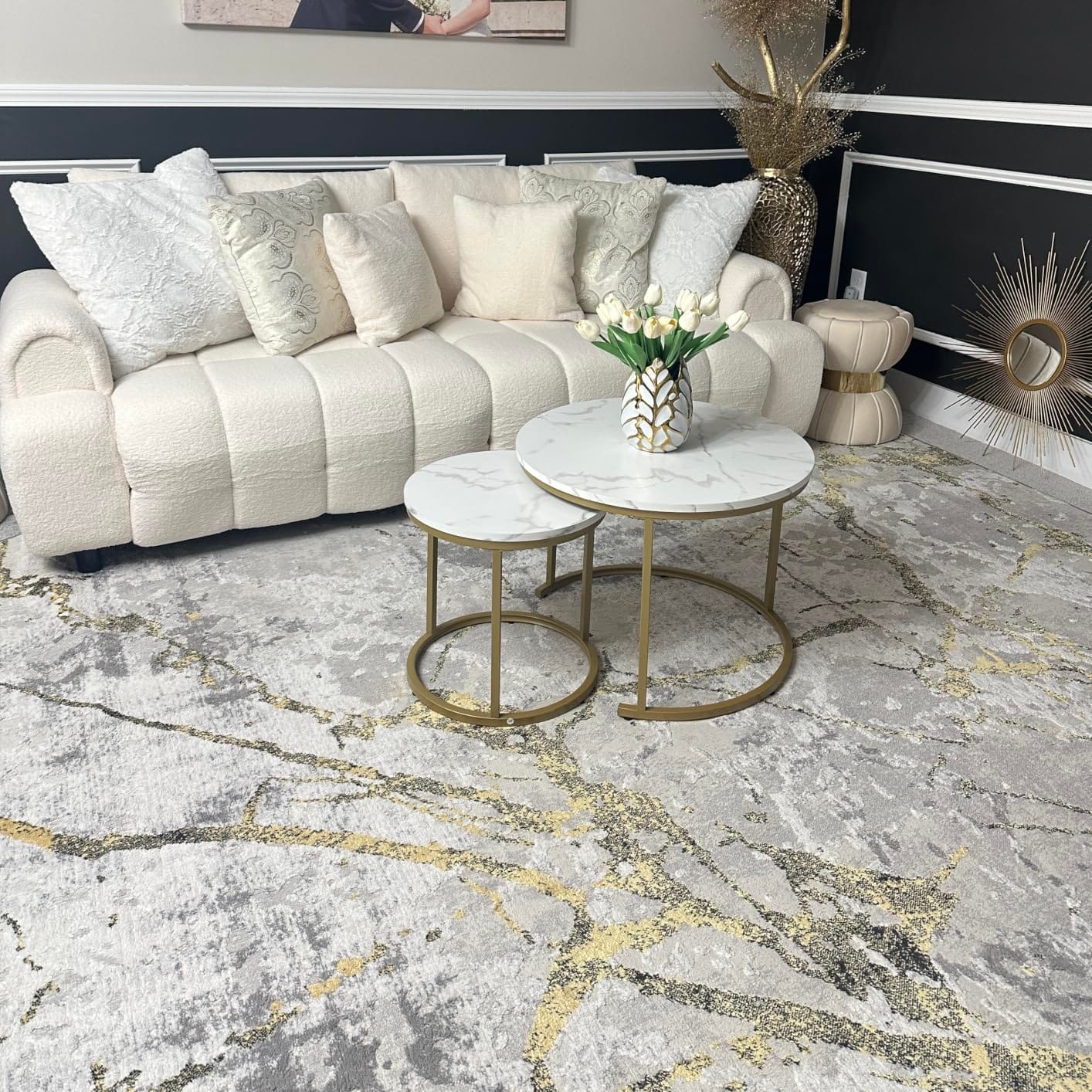 aboxoo Round Nesting Coffee Table Side Table Set of 2 End Tables for Living Room Bedroom Balcony, White Faux Marble Wooden Table Accent Coffee Table with Black Steel Frame customer photo 2