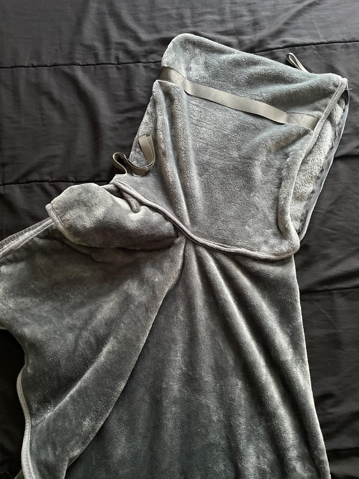 Travel Blanket Airplane Compact with Hoodie, Folds into a Travel Pillow | 300 GSM fleece airplane blanket; attached hoodie doubles as its storage case | 62 x 41 in., luggage strap and secure pocket customer photo 1