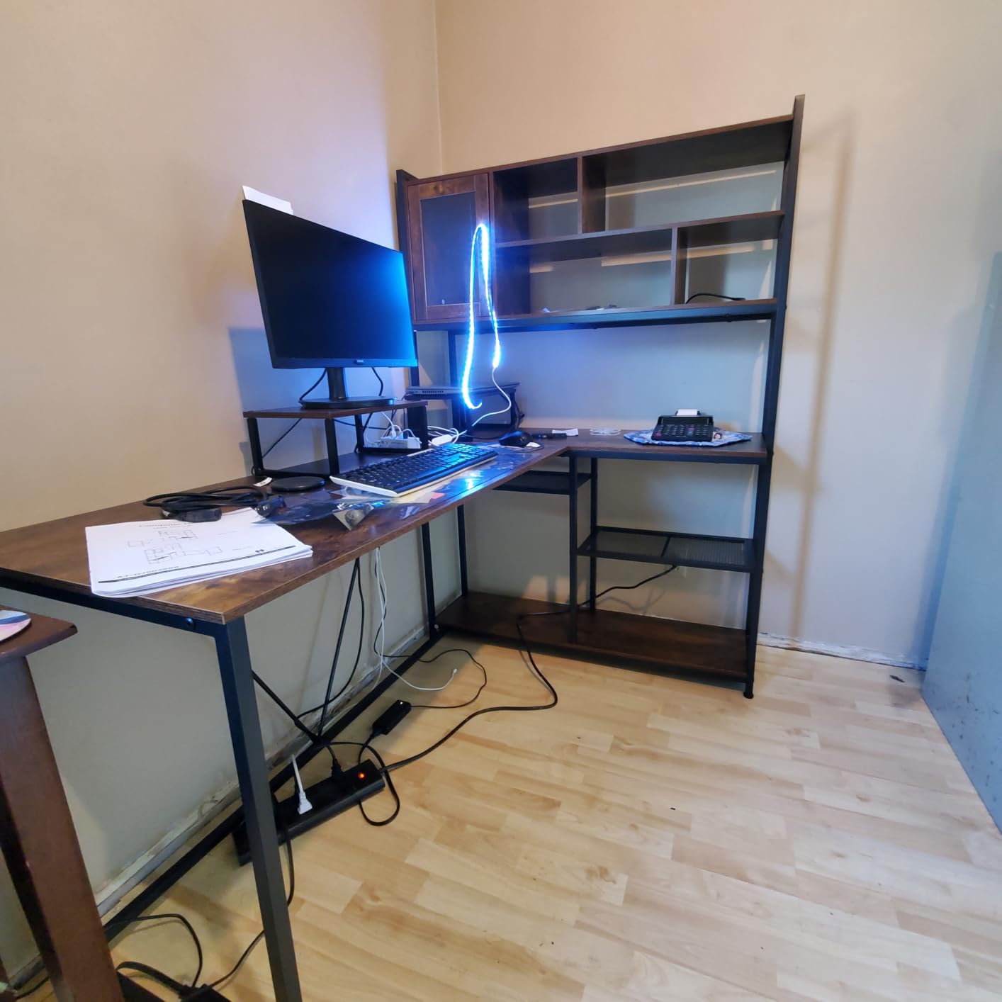 SEDETA L Shaped Computer Desk with Storage Shelves and Bookshelf, Black | 58'' Reversible Office Desk with LED Light, Glass Door Cubby, L Shaped Corner Desk for Gaming, Two Monitors, Small Space customer photo 1