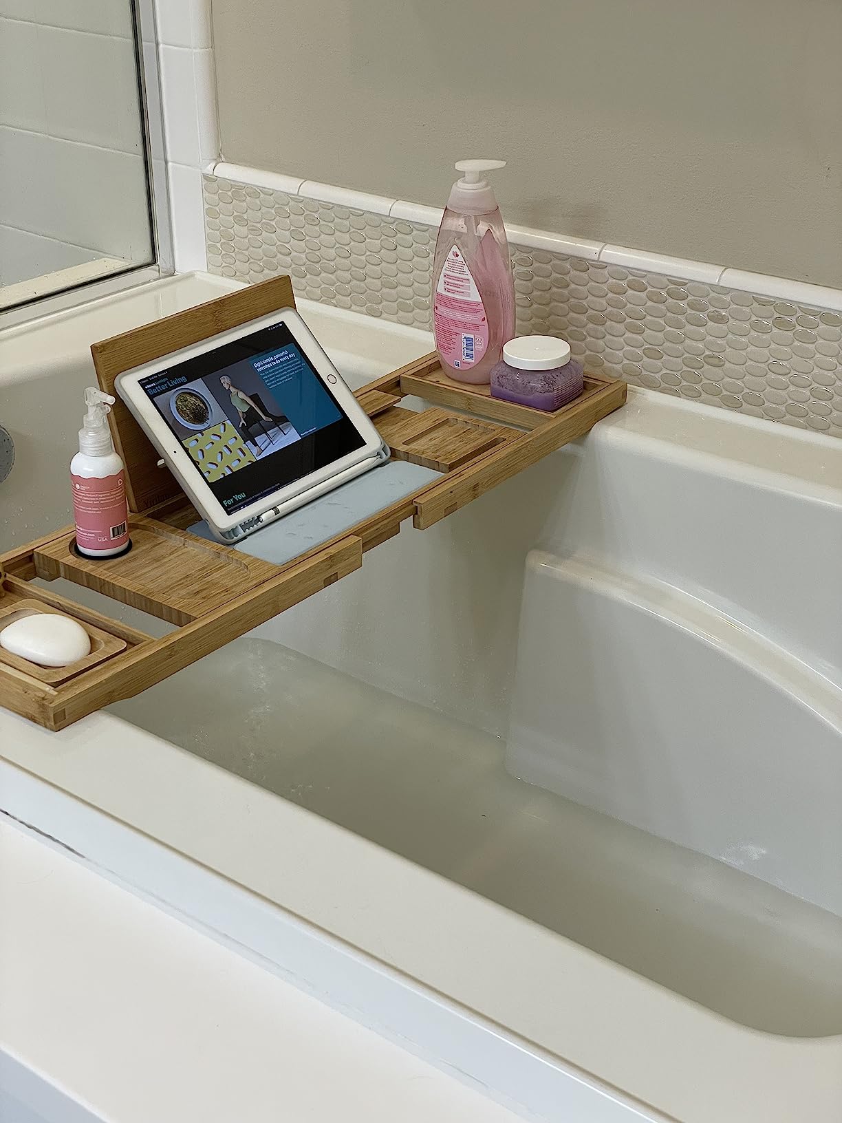 Premium Bamboo Bathtub Tray Caddy - Bath Tub Tray Table for Bathtub, Expandable Size, Fits Most Bath Tubs customer photo 1