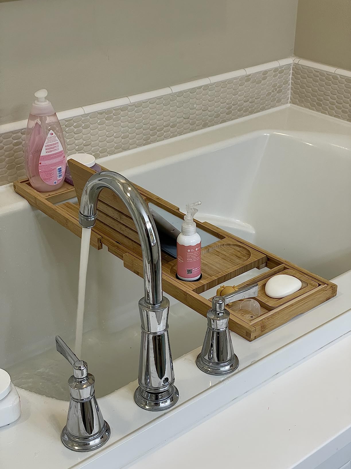 Premium Bamboo Bathtub Tray Caddy - Bath Tub Tray Table for Bathtub, Expandable Size, Fits Most Bath Tubs customer photo 2