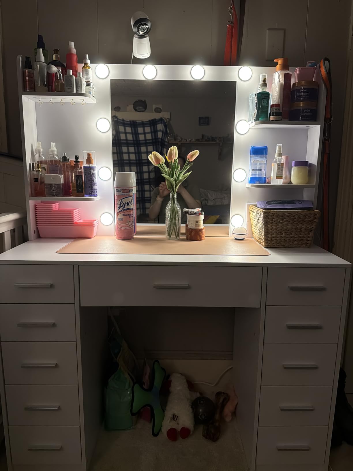 Quimoo Large Vanity Desk with LED Lighted Mirror & Power Outlet, Makeup Vanity Table with 7 Drawers, 4 Shelves and 5 Hooks, Vanity Table, Vanity Desk Set for Bedroom, Bathroom, White customer photo 2