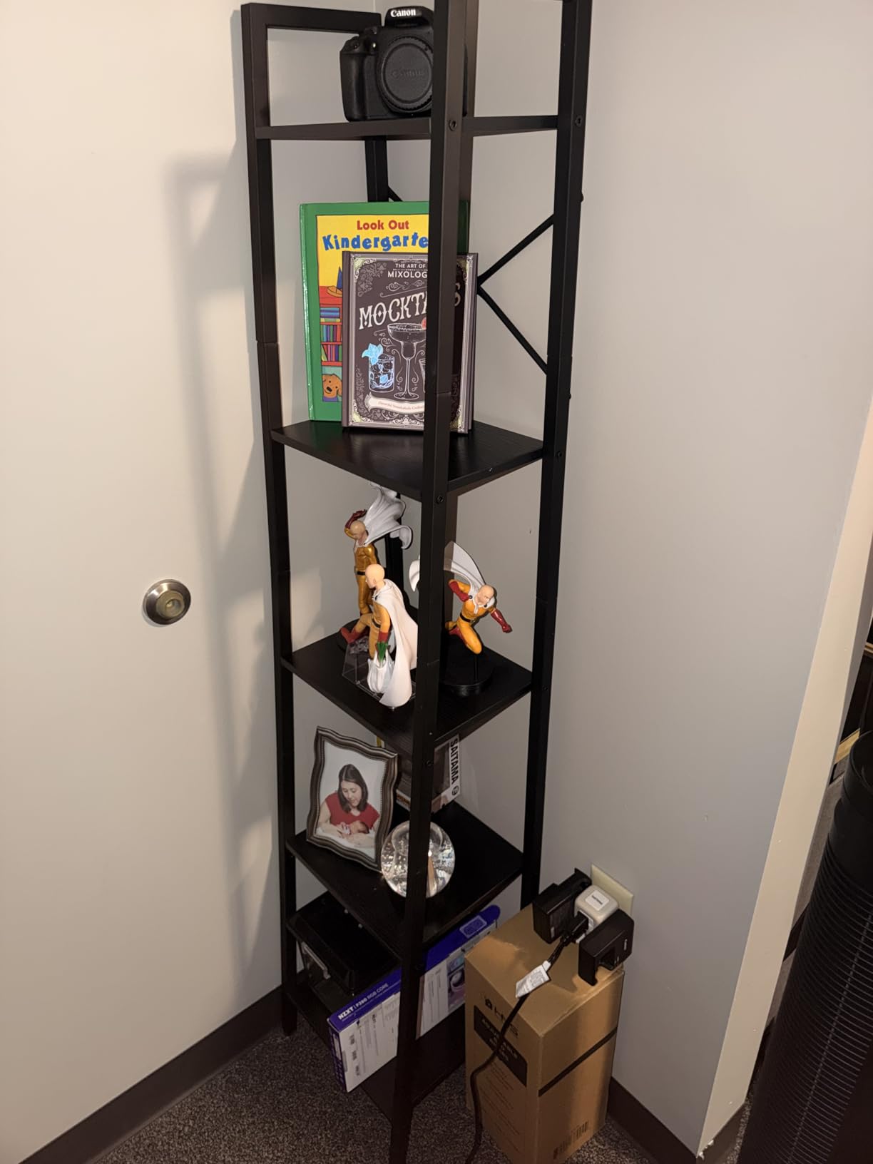 YMYNY 4 Tiers Ladder Bookcase, Industrial Narrow Bookshelf, Open Display Rack with 4 S Hooks, Metal Storage Shelves for Bedroom, Home Office, Living Room, Rustic Brown, 49.2H*13.4L*11.8W, UHBC024H customer photo 2