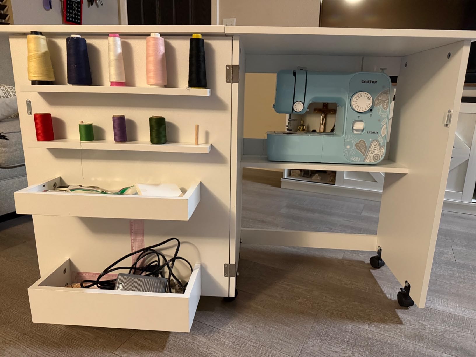 Vividwood Folding Sewing Table, Multipurpose Sewing Machine Table with Compact Design, Wheels, Shelves, Bins, Pegs, Magnetic Locks (White) customer photo 1