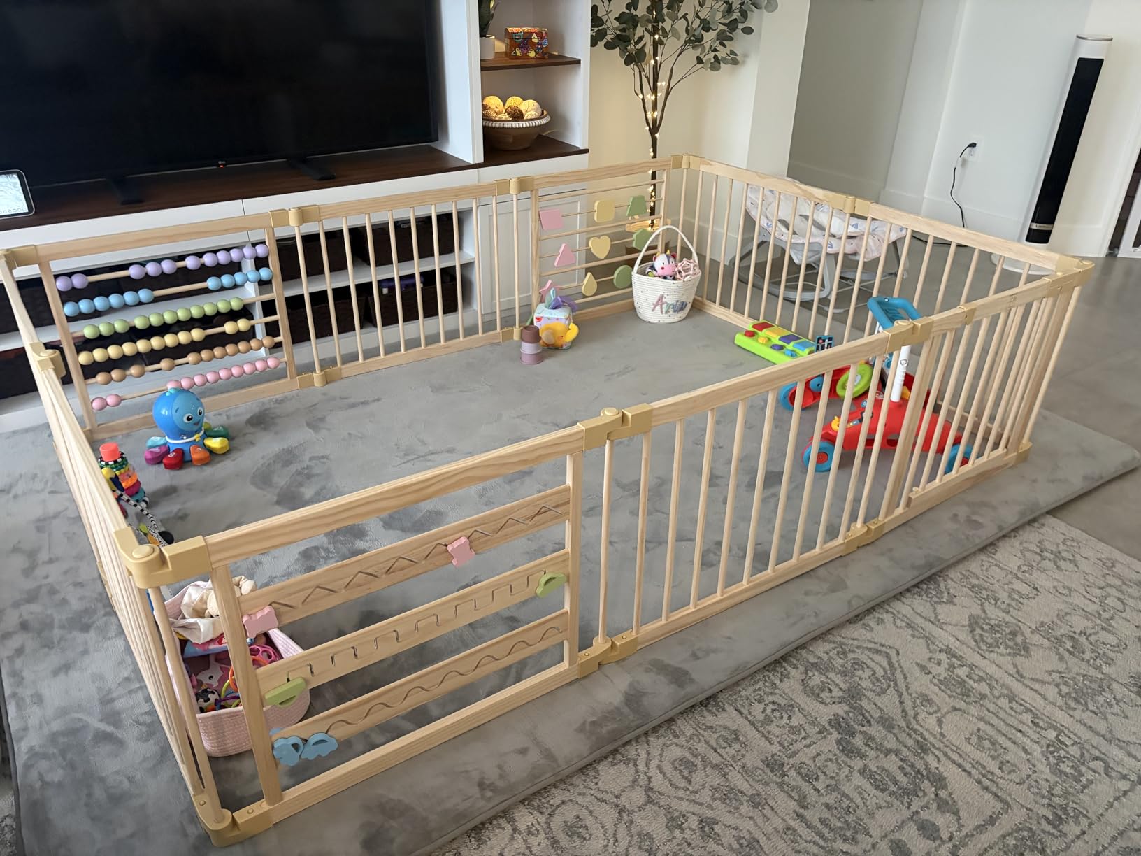 ZETY Natural Wood Baby Playpen, 8 Panel Foldable Play Yard, Door & Toys | Montessori style pine enclosure; compact 8 panel footprint; tool-free pop-button connectors; latching door customer photo 1