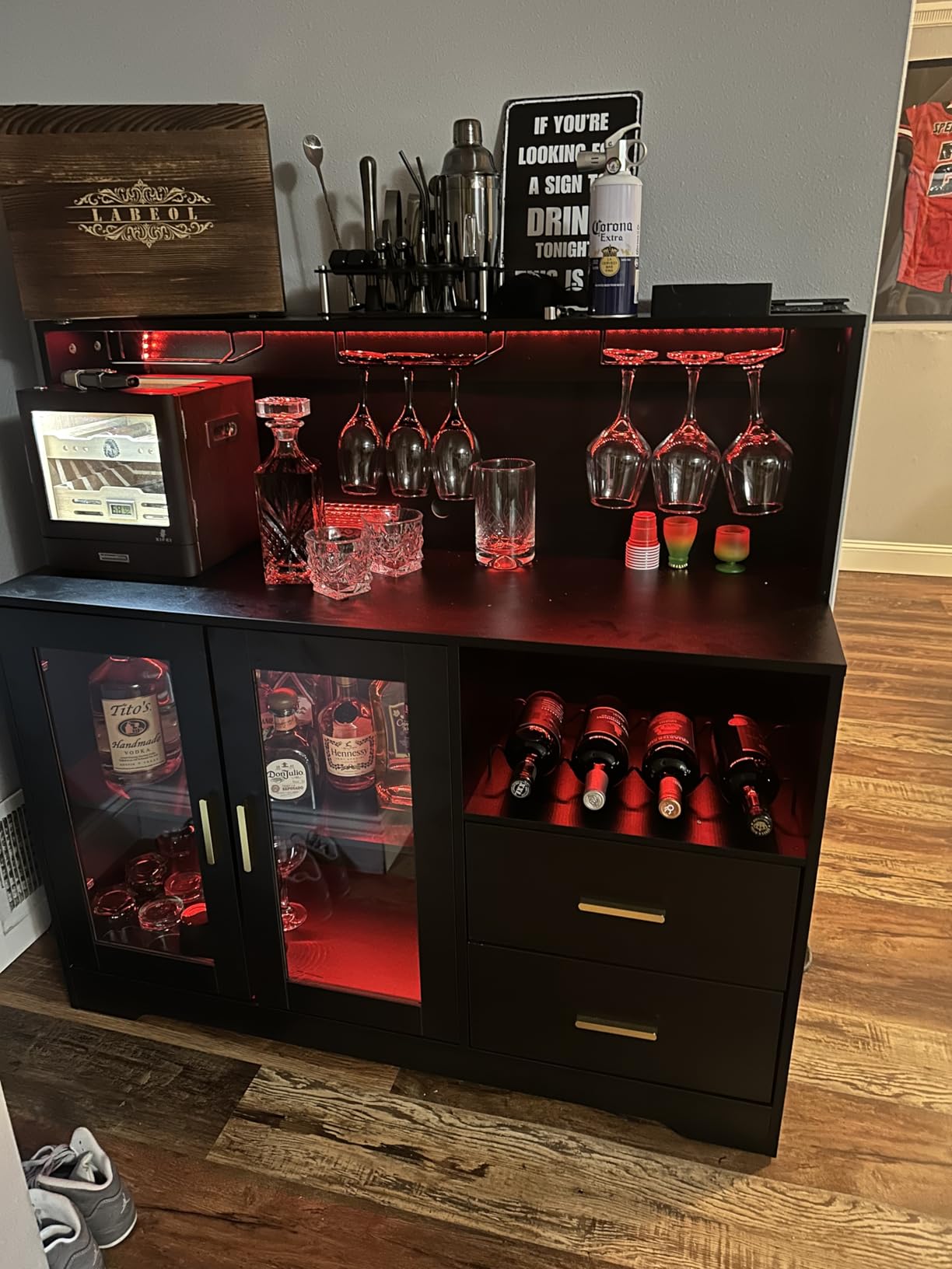 Bar Cabinet for Home with LED Light,Coffee Bar Cabinet w/ Wine & Glass Rack | Wine Cabinets with Drawers & Microwave Stand, Modern Liquor Cabinets for Kitchen, Living Room, Dining Room (Black) customer photo 1