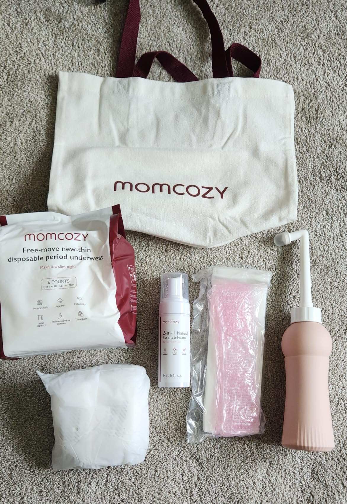 Momcozy Postpartum Recovery Essentials Kit, Labor Delivery Mom Care Kit, Self-Absorbent Disposable Underwear Nipple Nursing Pads Upside Down Peri Bottle Cold Pads Cooling Foam Canvas Bag Set customer photo 2