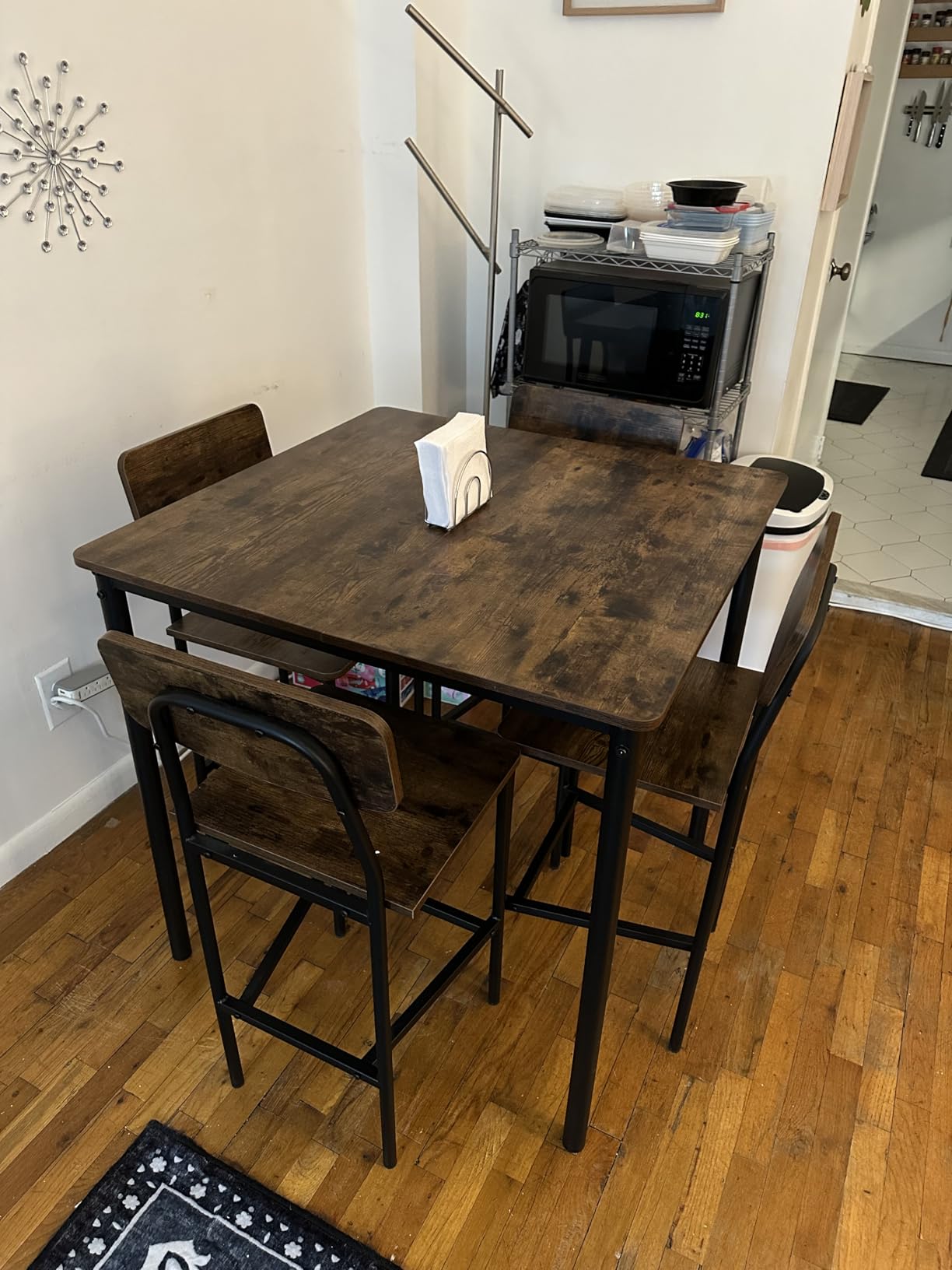 GIANTEX 5-Piece Dining Table Set W/Counter Height Table & 4 Bar Stools, Modern Kitchen Dining Set W/Footrest & Backrest, Space-Saving Dinette Set for Pub, Dining Room, Restaurant (Black Oak) customer photo 1