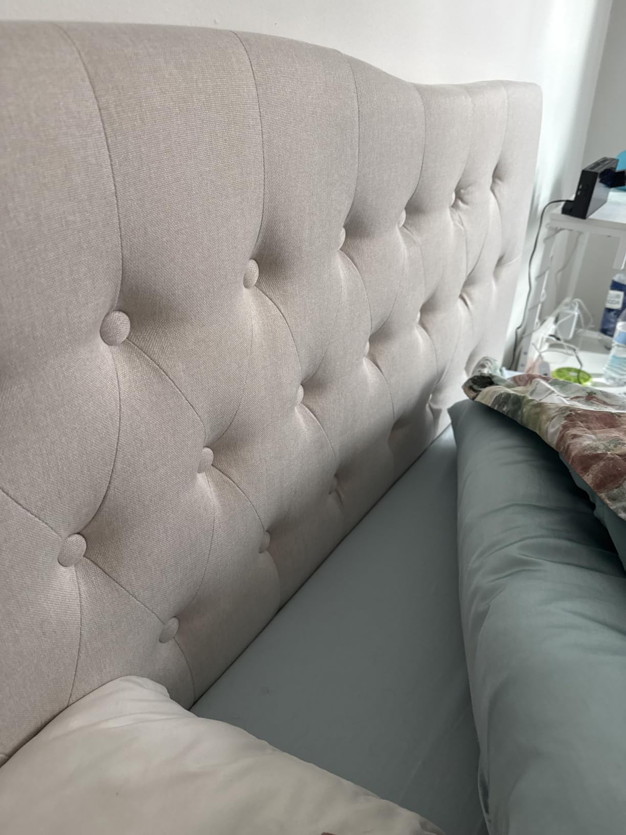 Tufted Headboard Queen Size, Solid Wood Adjustable Height Head Board, Beige | Upholstered Queen Headboard Only with Durable Solid Wood Legs, Adjustable Height 37-51 in, Fabric Button Diamond HeadBoards customer photo 1