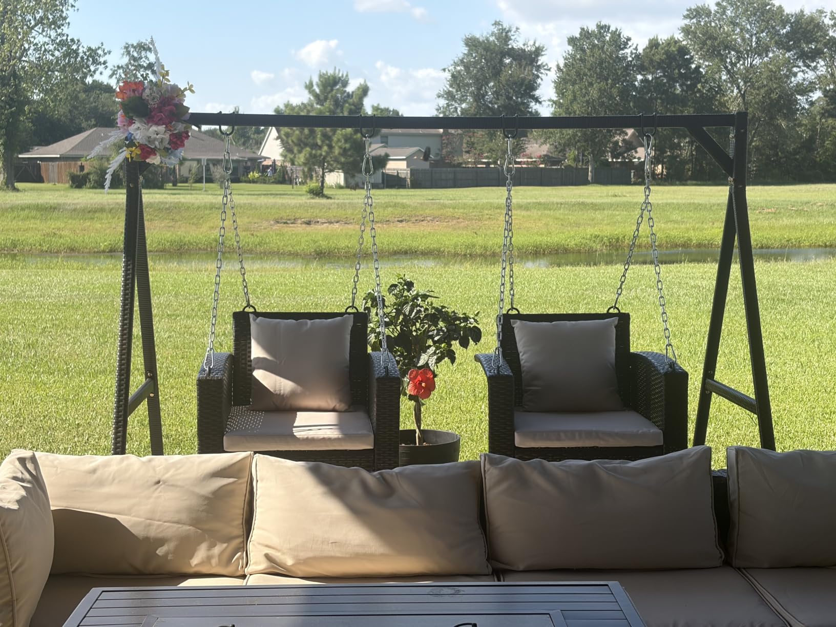 VINGLI 5FT Rattan Swing Bench, Outdoor Wicker Hanging Porch Swing (Brown) | 3 Person Patio Bench Swings, Adult Swing for Garden, Yard, Lawn, Patio, Heavy Duty 800 LBS Outdoor Swing with Cushion&Chains customer photo 2