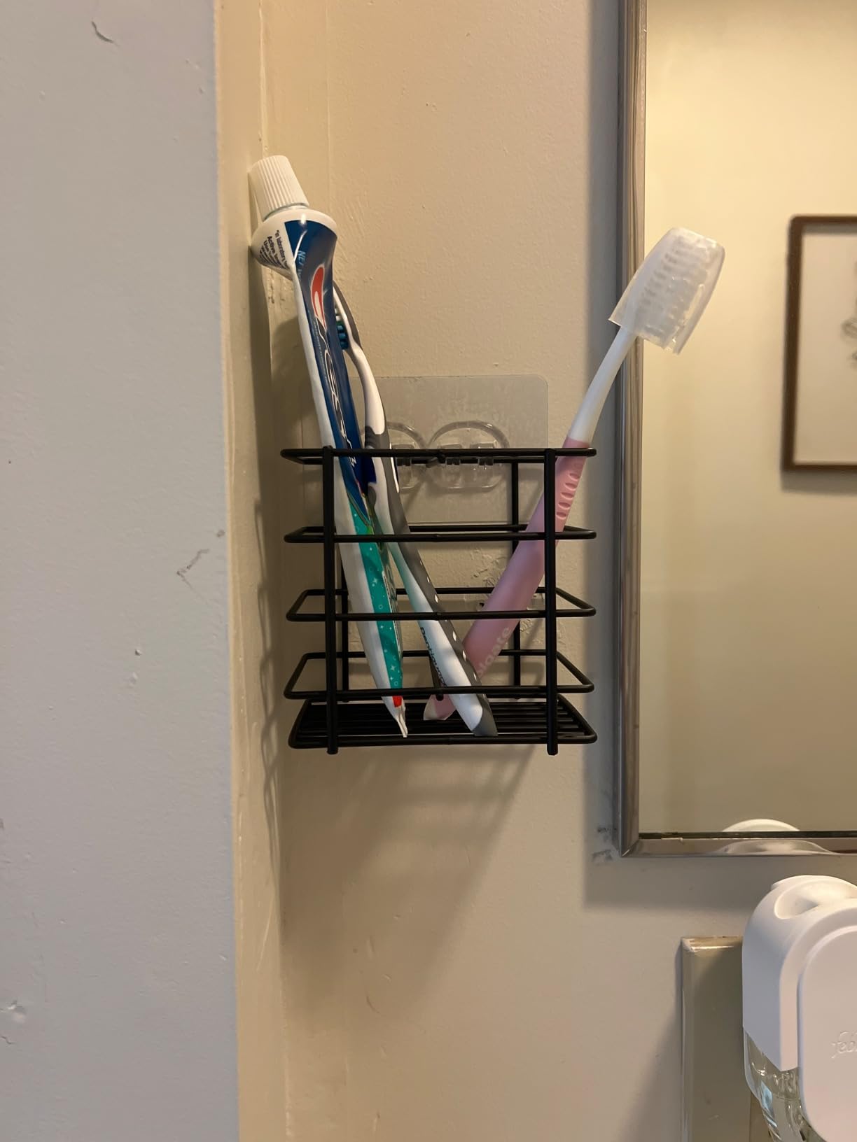 Adhesive Wall Mounted Toothbrush Holder for Shower with Drainage | Hanging Electric Tooth Brush Holder caddy for Bathroom Wall Mirror, Metal Toothpaste Storage Organizer for RV Camper, Black customer photo 2
